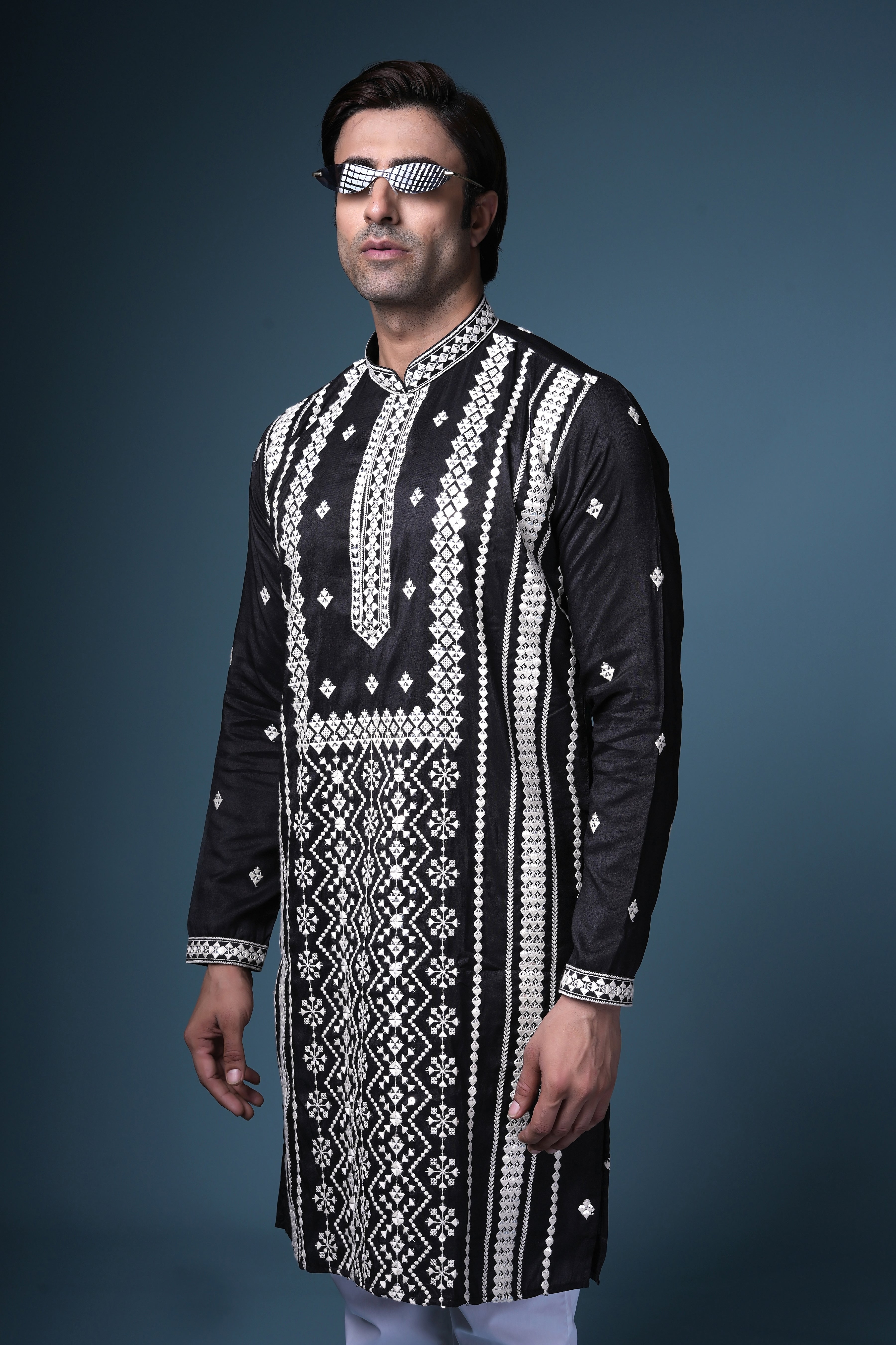 Black & White Geometric Embroidered Silk Kurta for Men