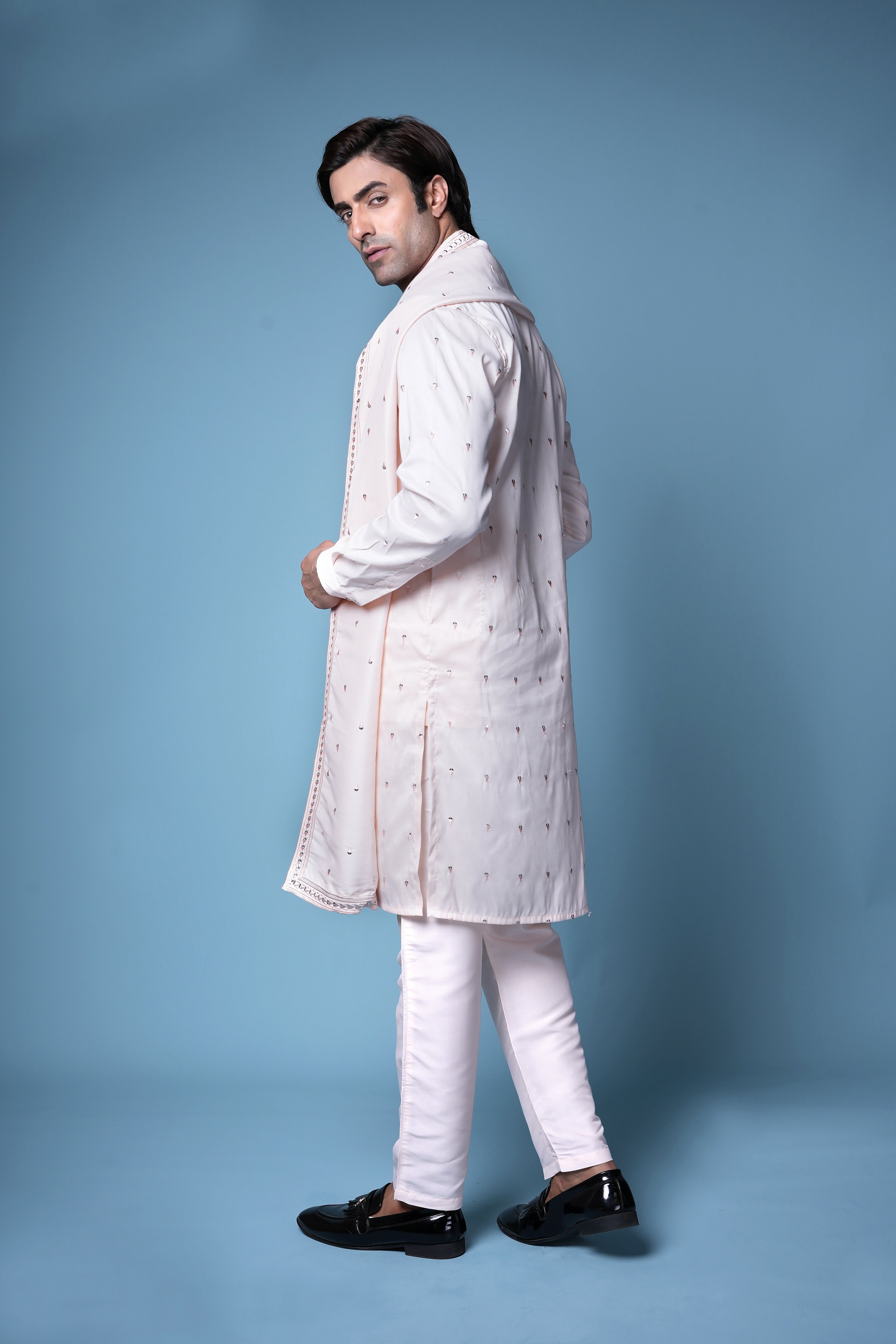 Blush Pink Embroidered Silk Kurta Set with Dupatta for Men