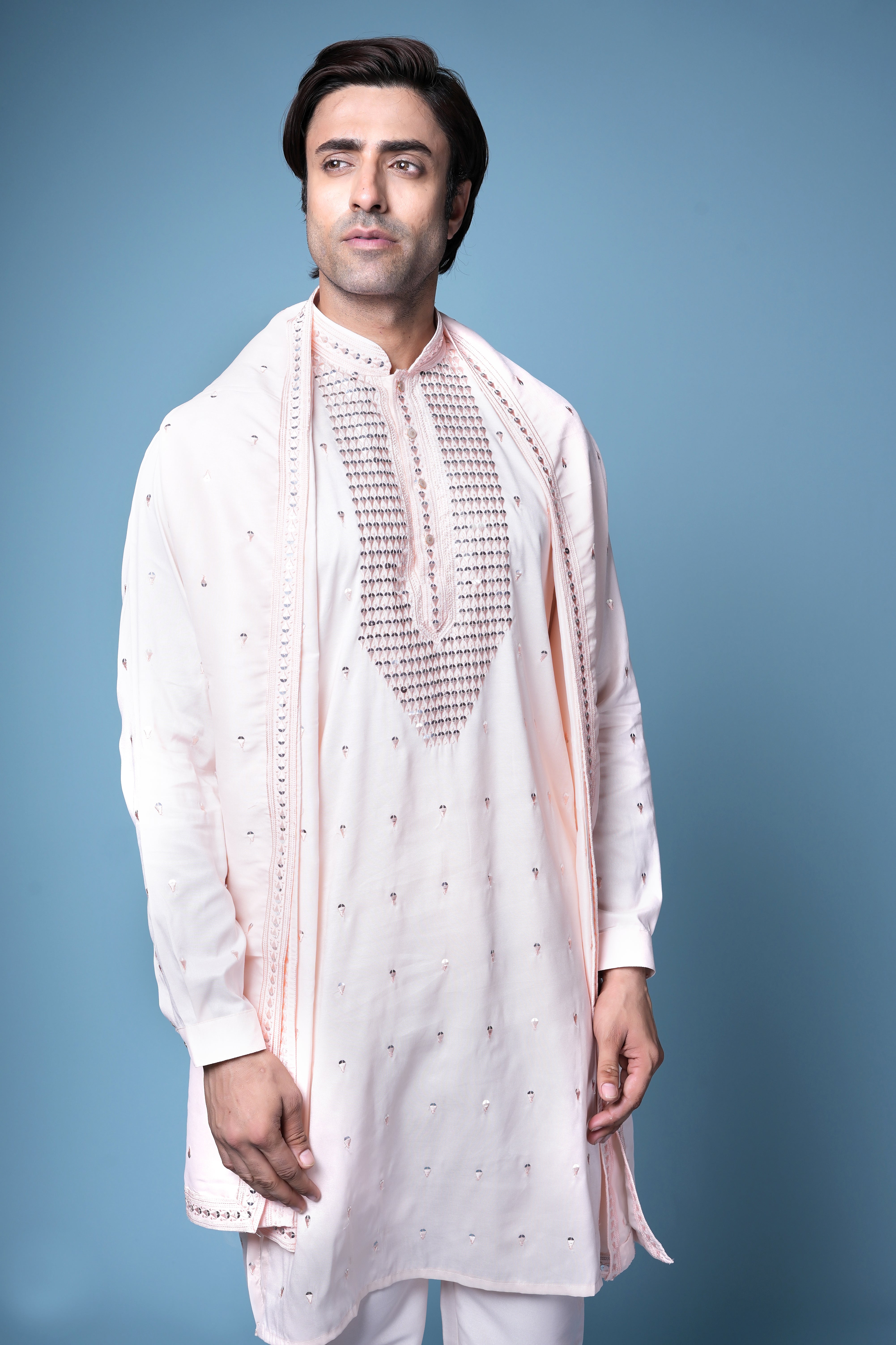 Blush Pink Embroidered Silk Kurta Set with Dupatta for Men