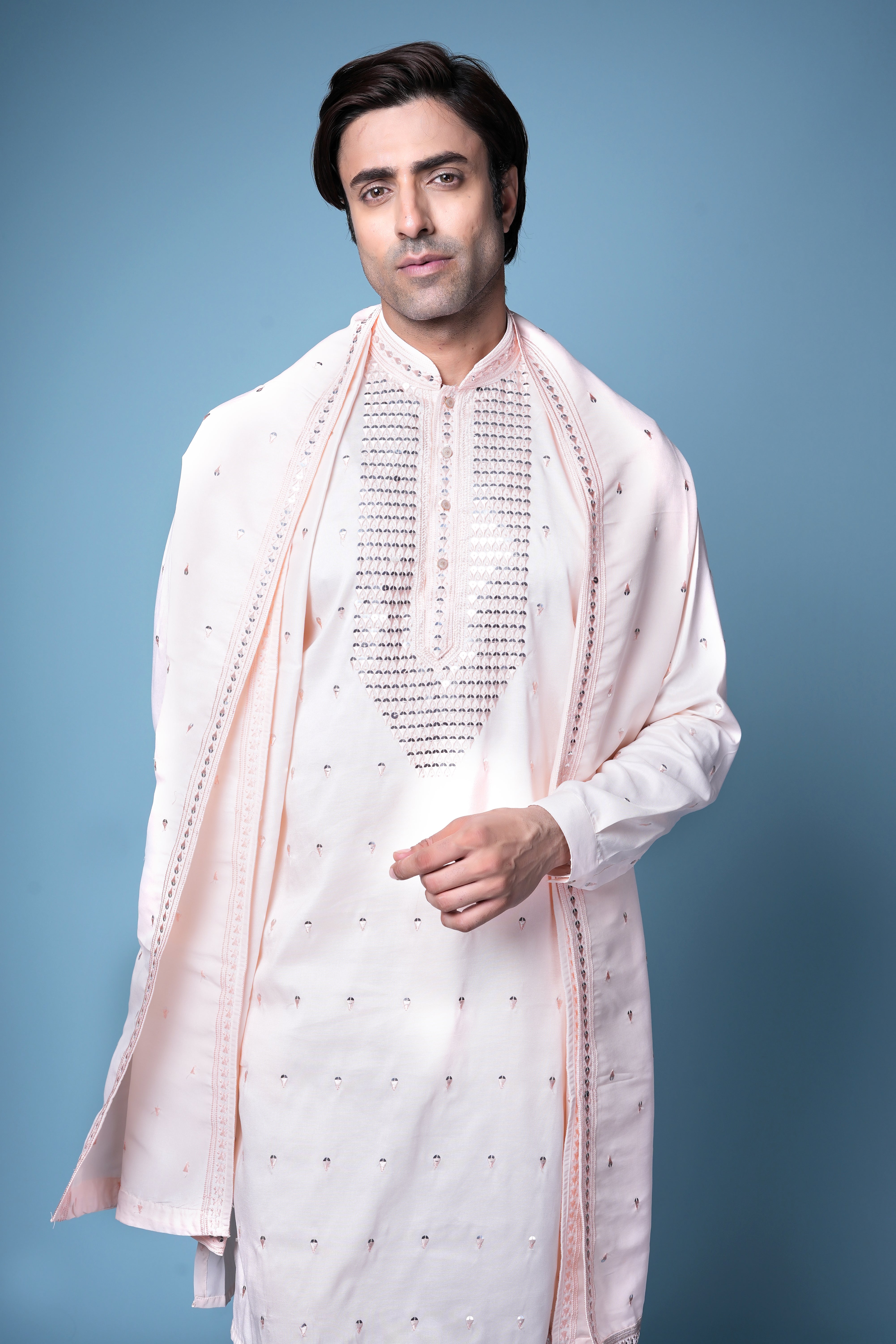 Blush Pink Embroidered Silk Kurta Set with Dupatta for Men