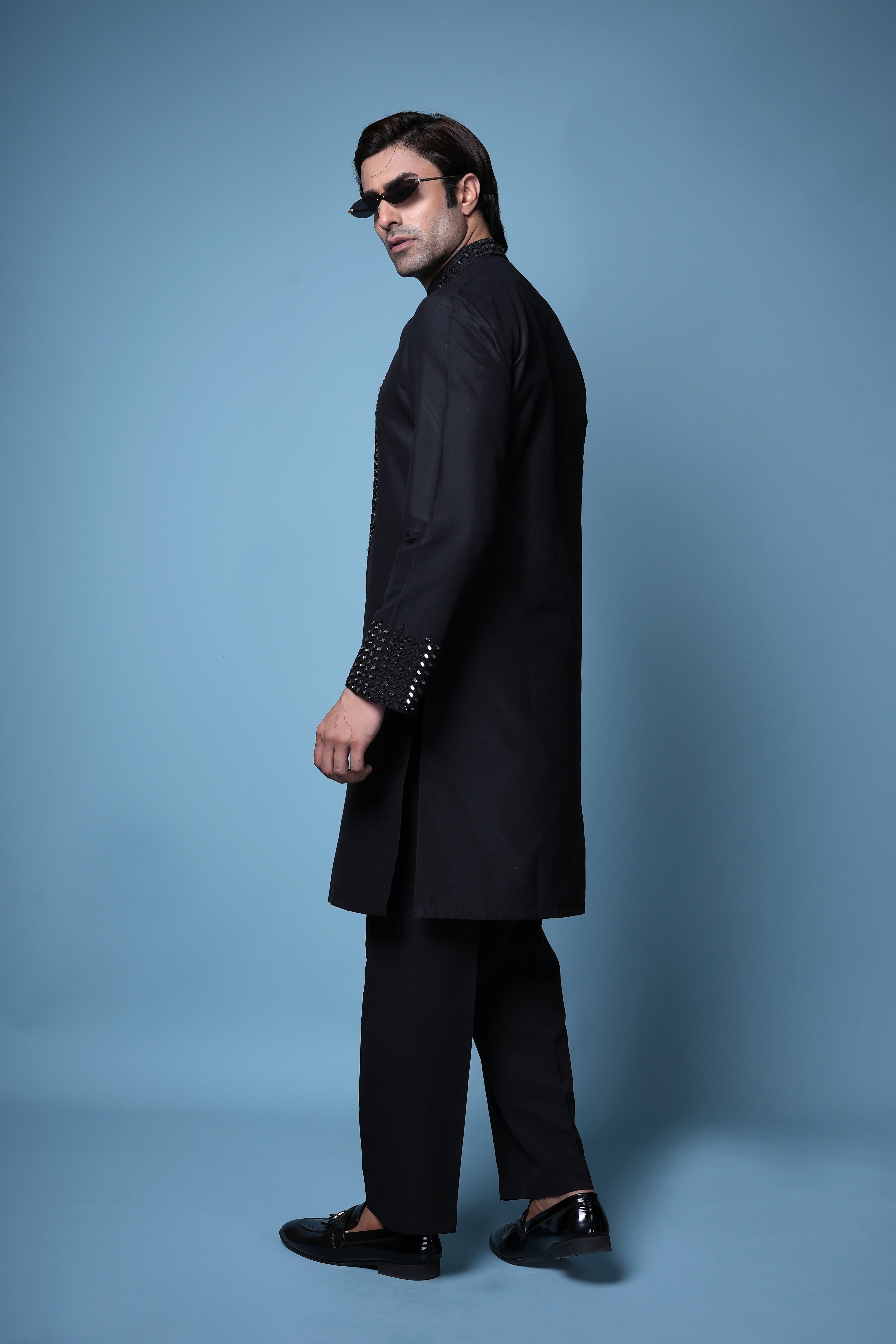 Classic Black Mirror Work Silk Kurta Set for Men