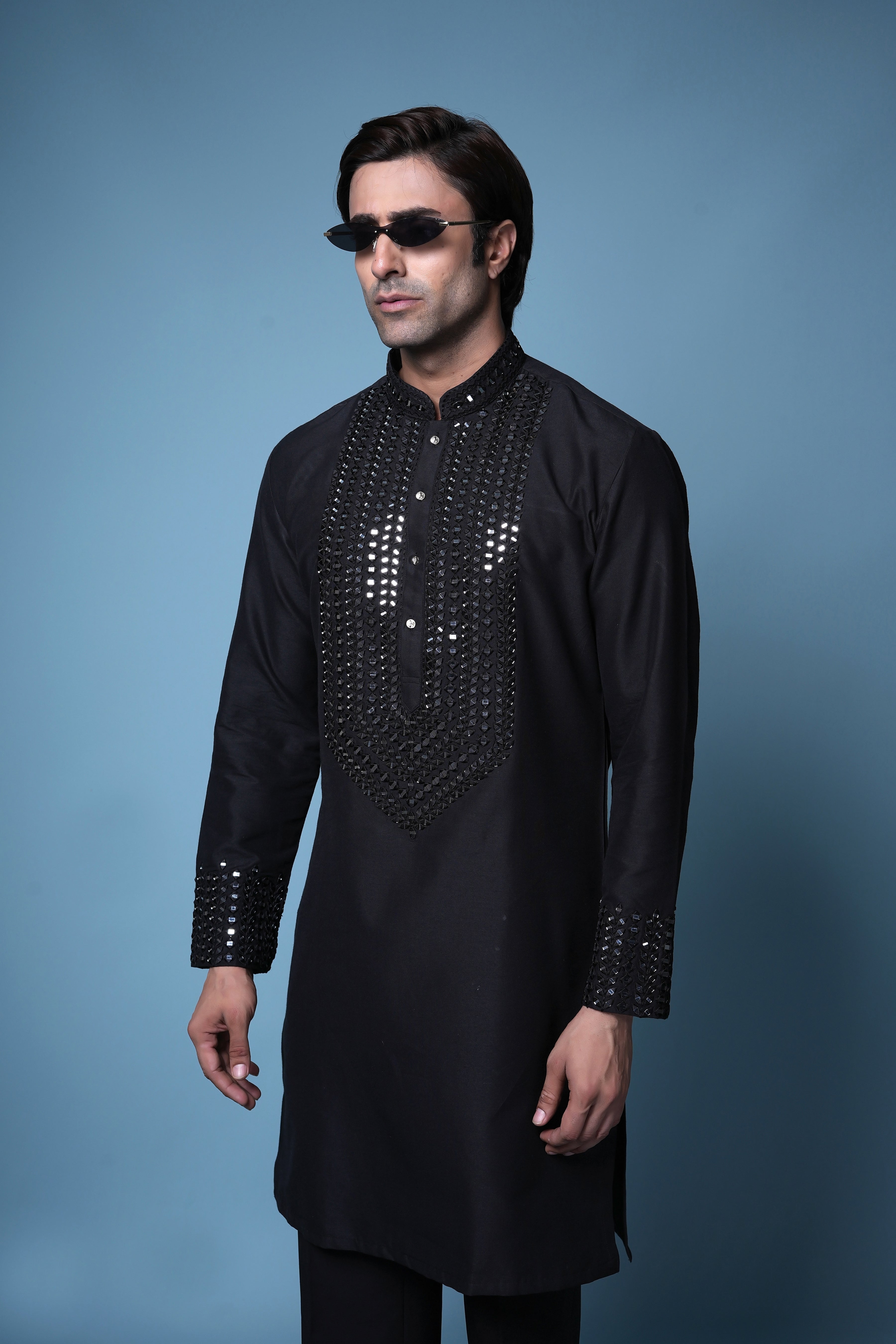 Classic Black Mirror Work Silk Kurta Set for Men