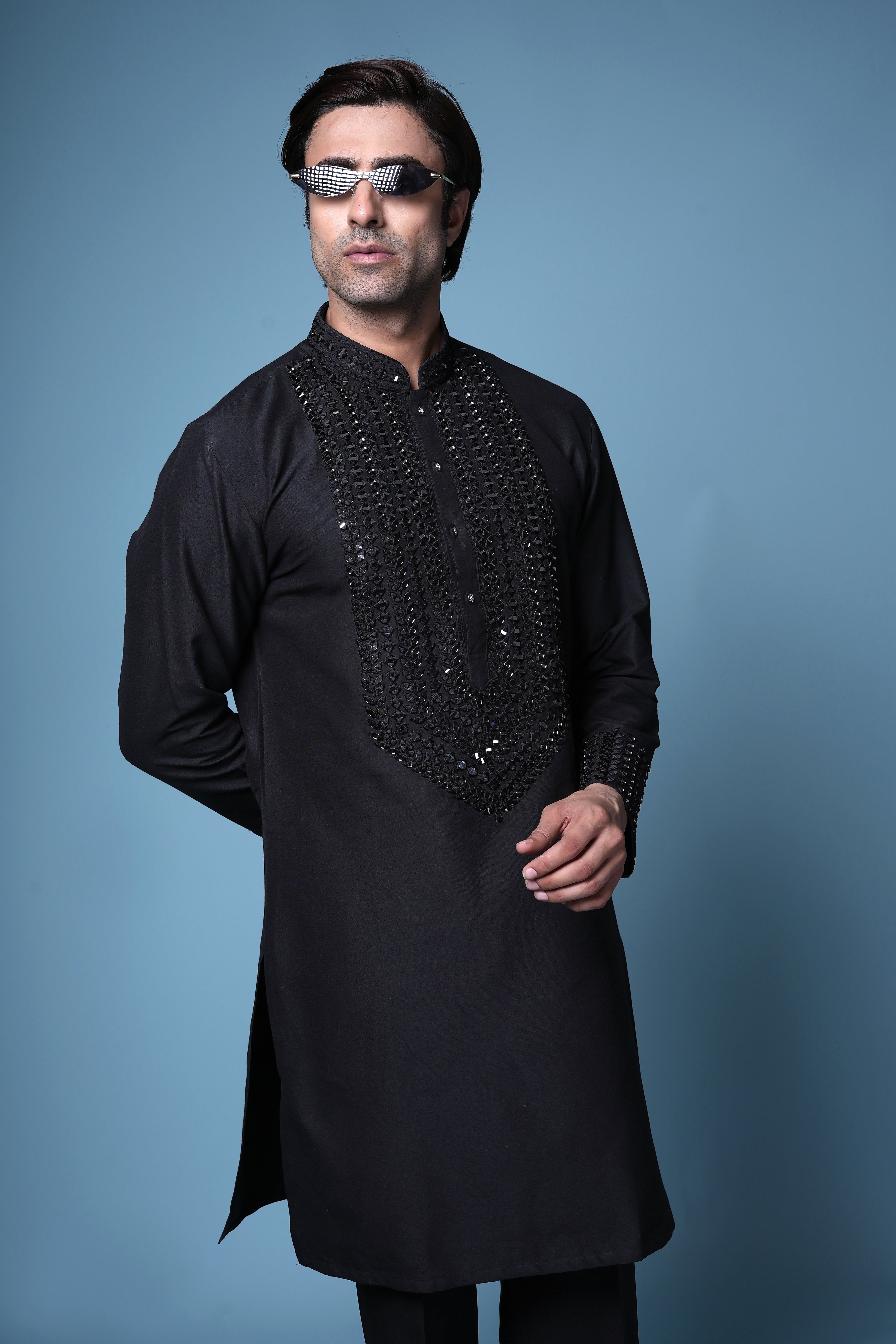 Classic Black Mirror Work Silk Kurta Set for Men