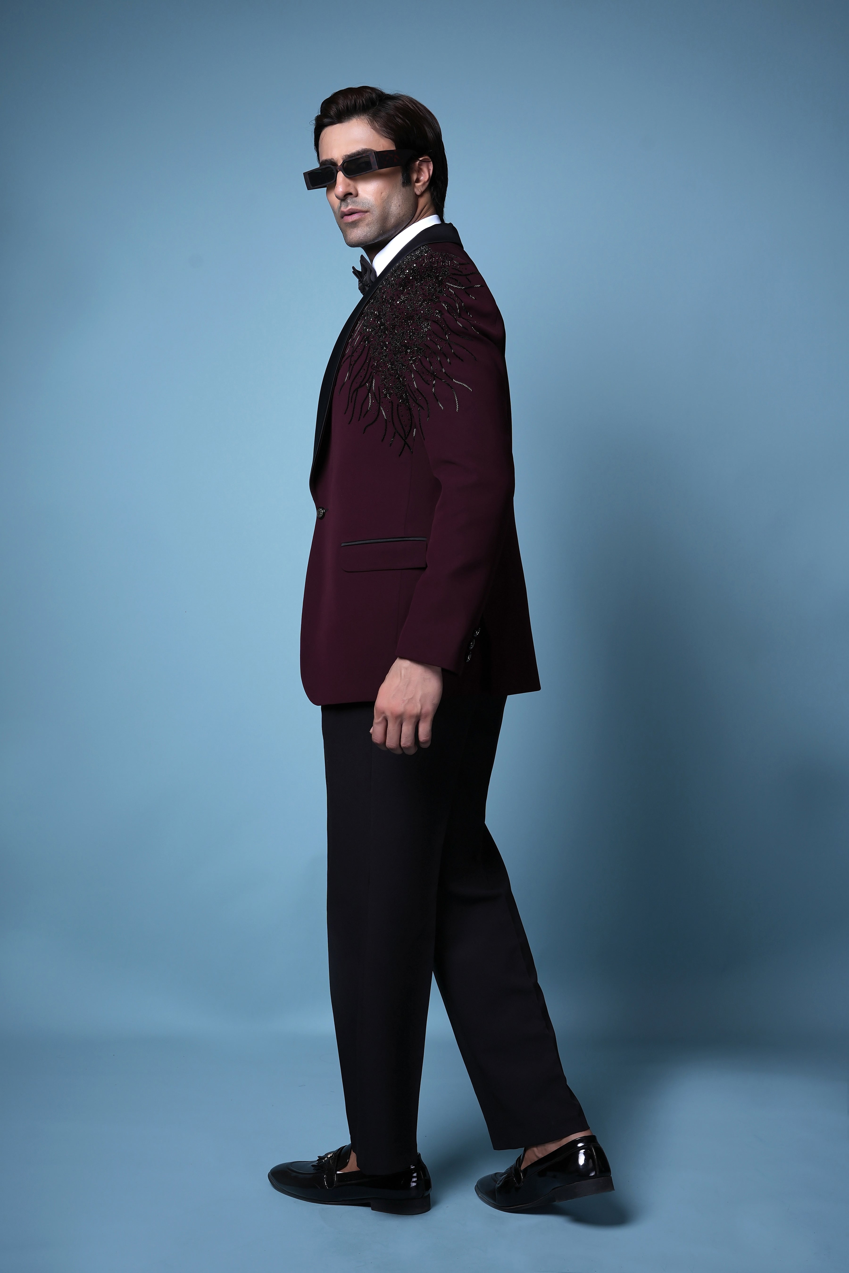 Crimson Luxe Maroon Tuxedo with Beaded Shoulder Detailing