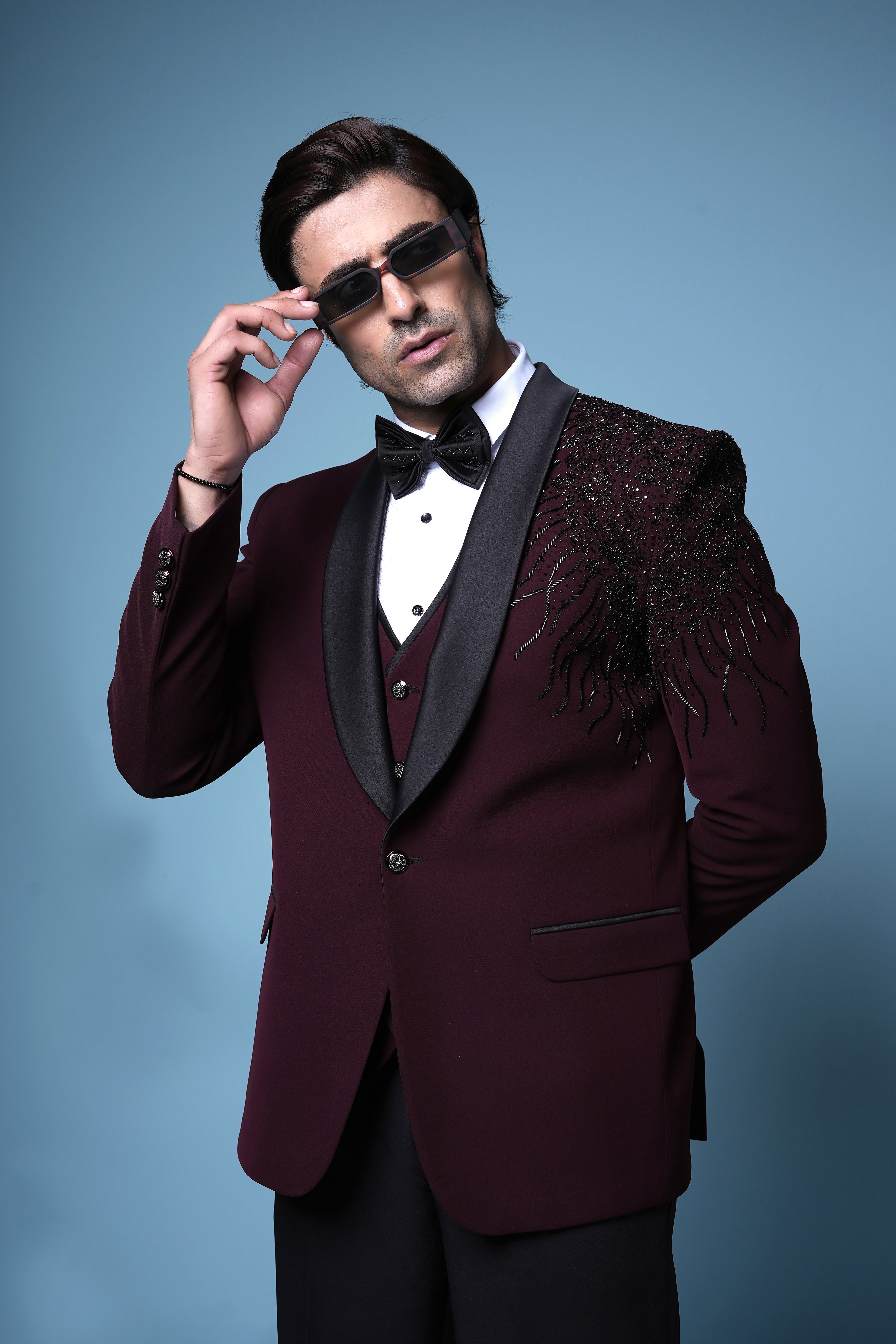 Crimson Luxe Maroon Tuxedo with Beaded Shoulder Detailing