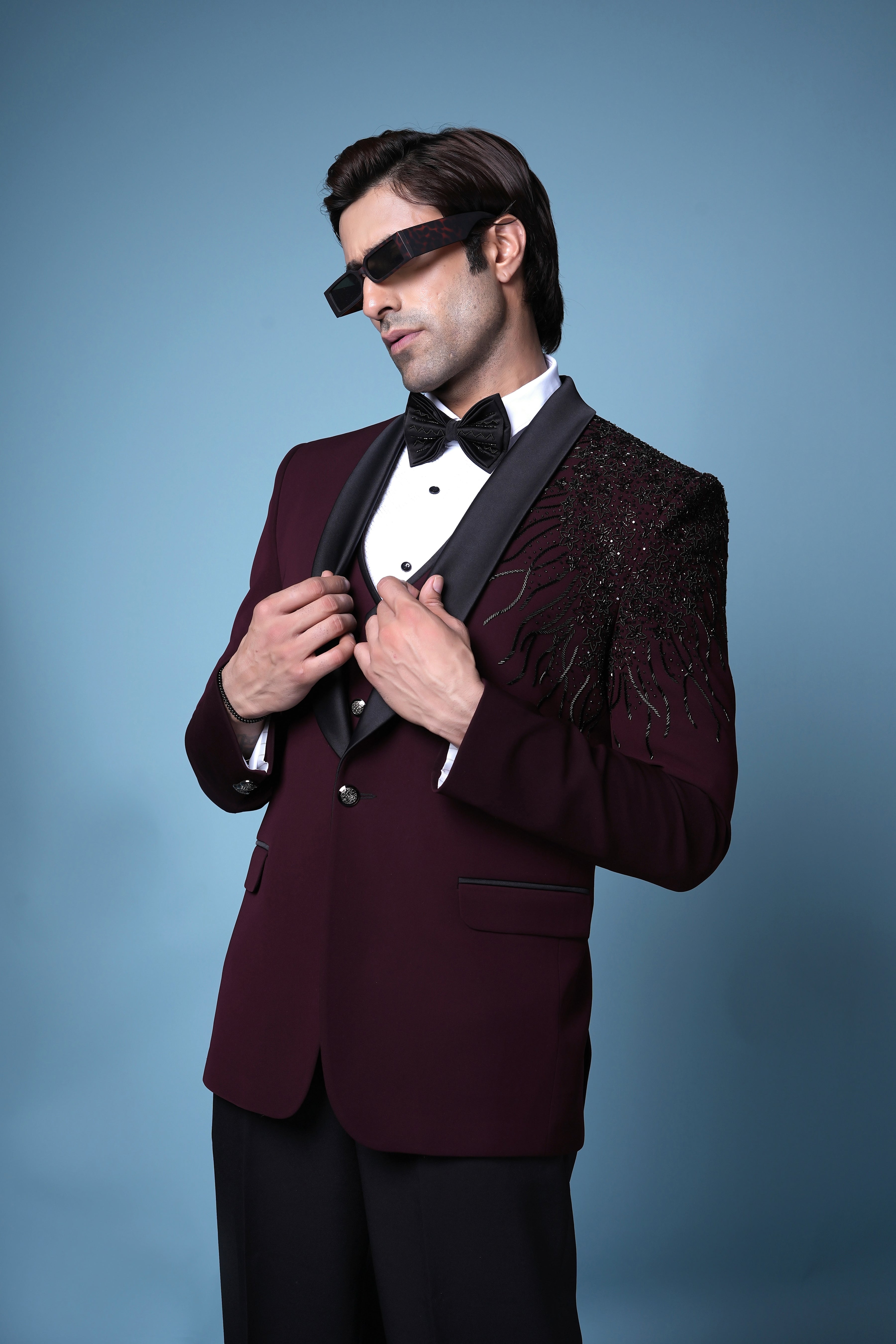 Crimson Luxe Maroon Tuxedo with Beaded Shoulder Detailing