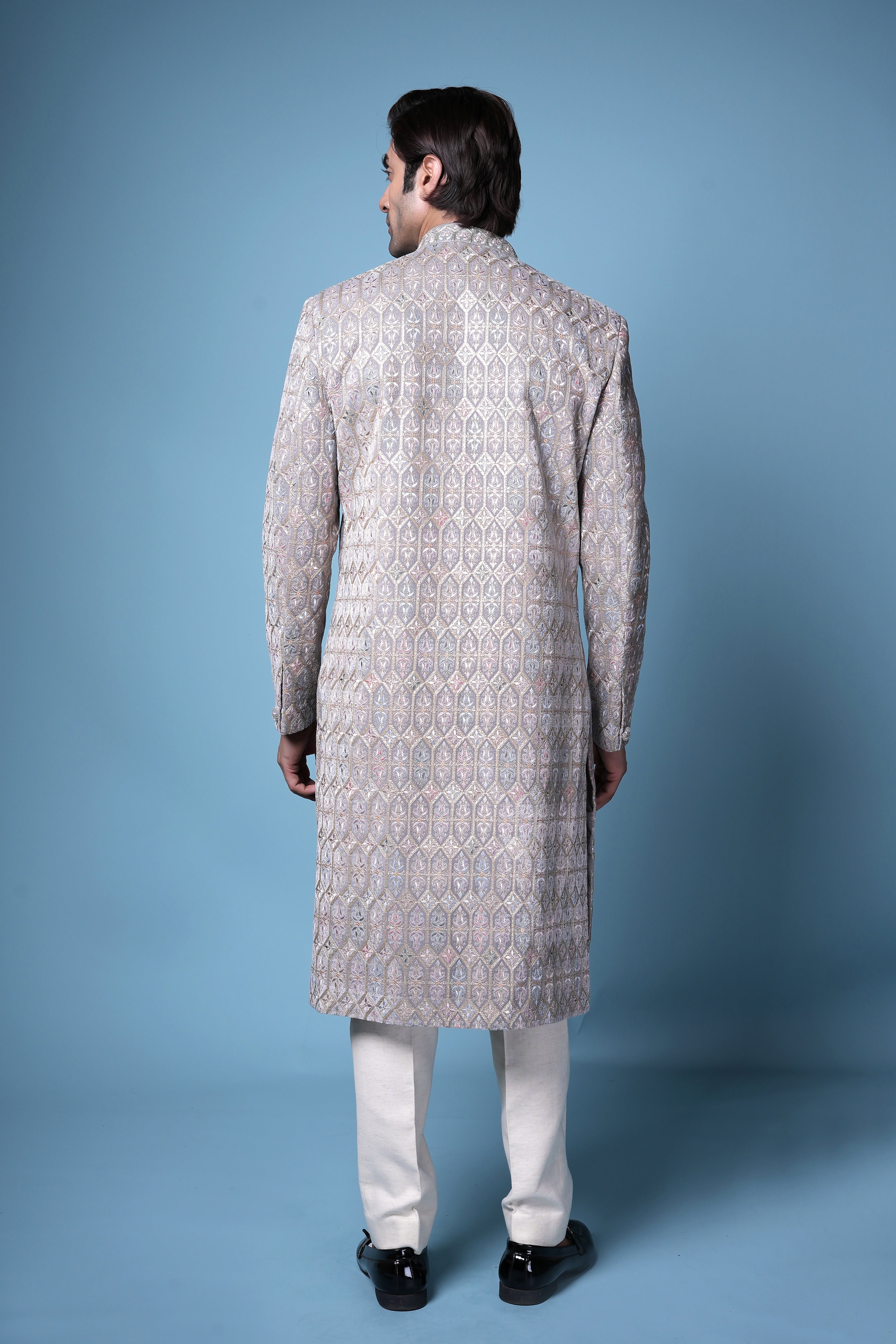 Silver Brocade Embroidered Sherwani Set with Dupatta
