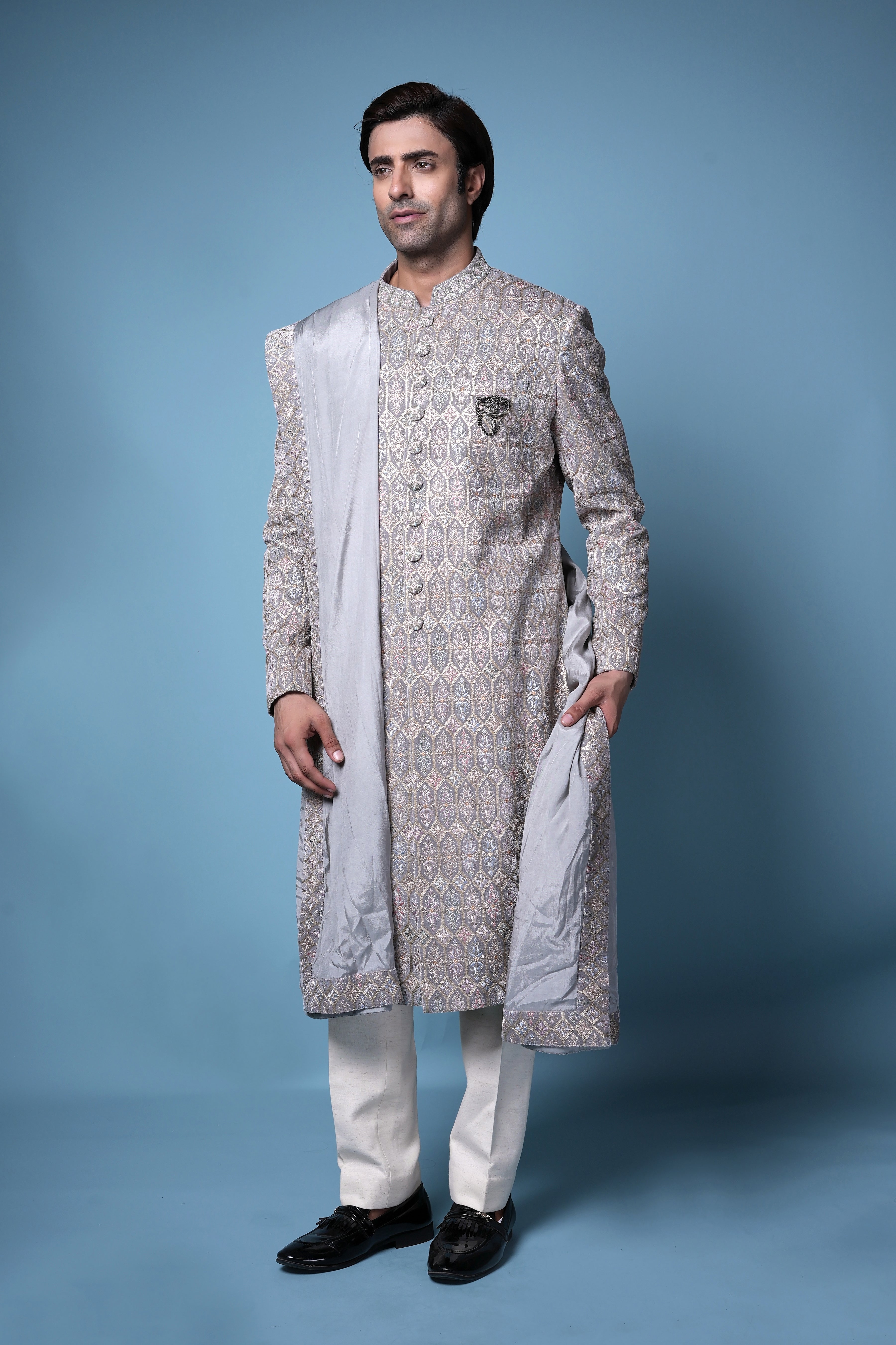 Silver Brocade Embroidered Sherwani Set with Dupatta