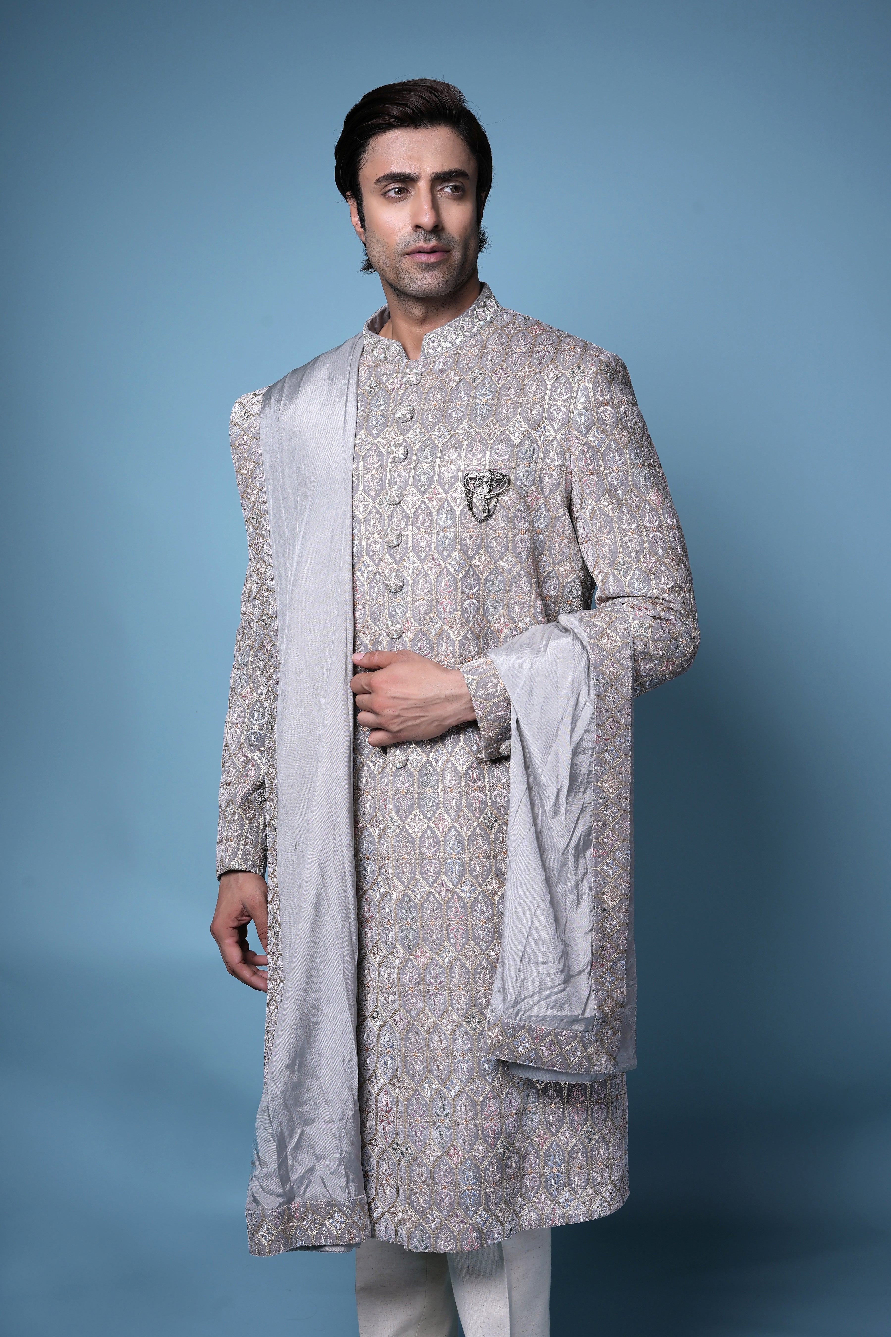 Silver Brocade Embroidered Sherwani Set with Dupatta