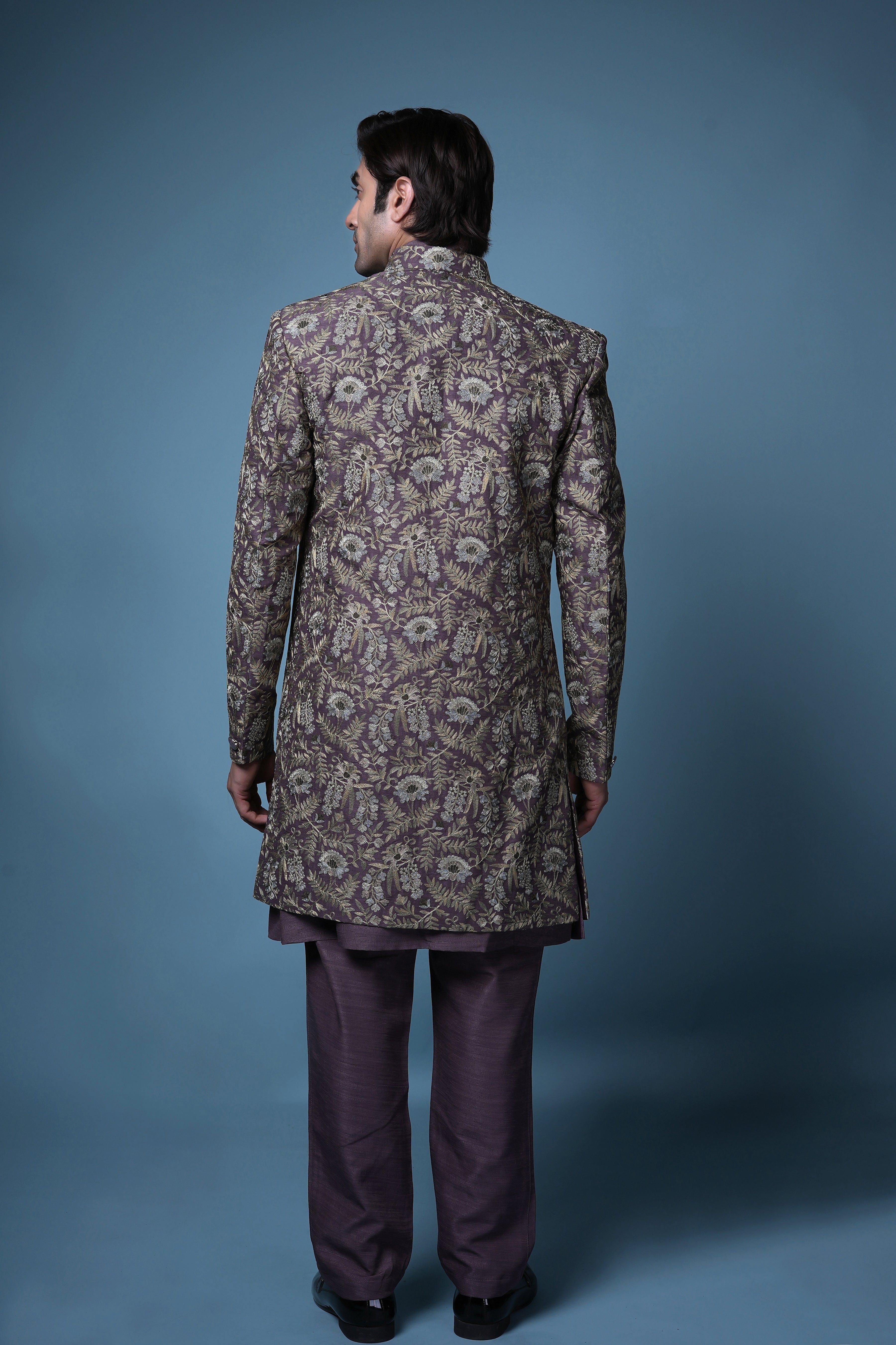 Deep Plum Brocade Bandhgala Set with Antique Gold Detailing