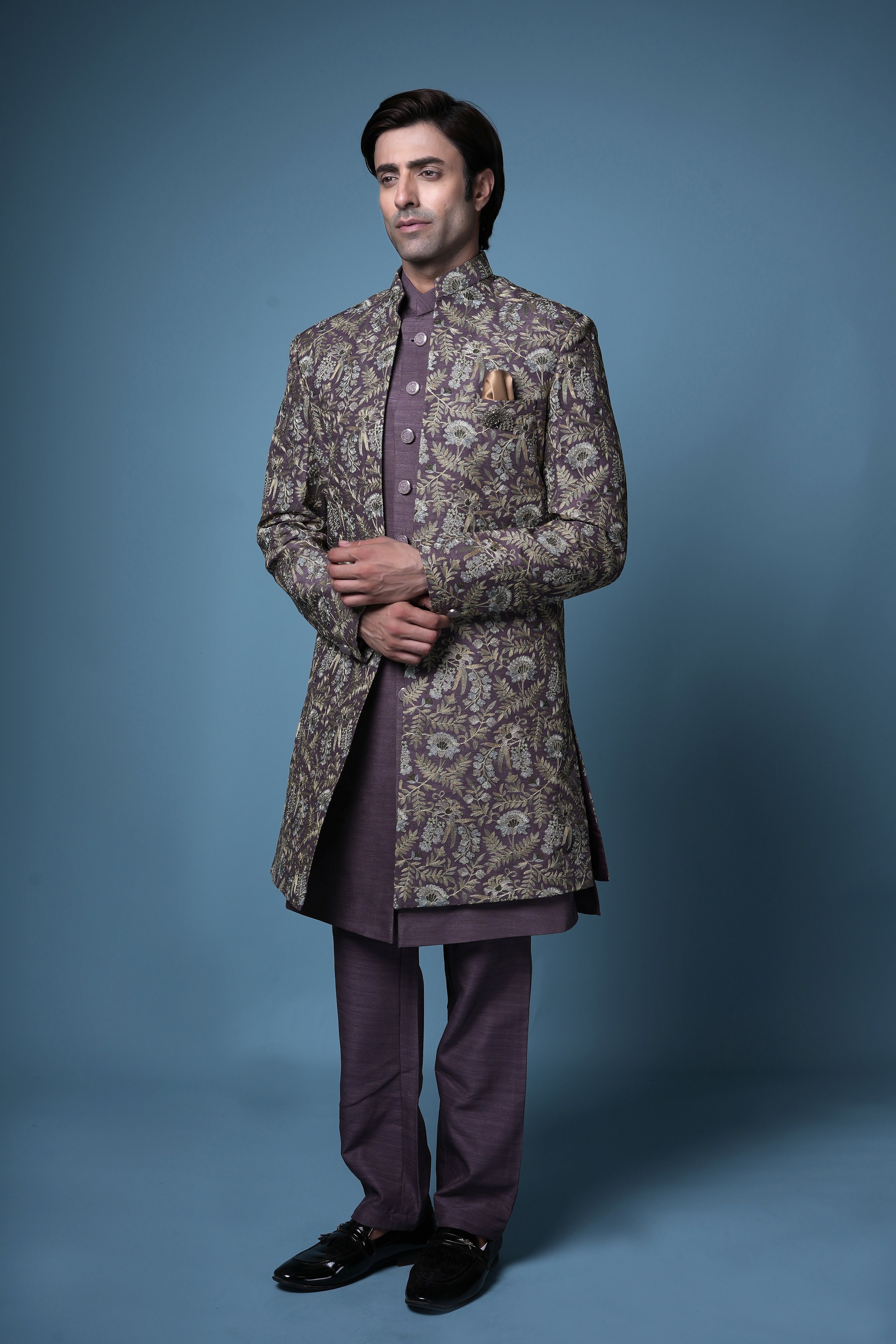Deep Plum Brocade Bandhgala Set with Antique Gold Detailing