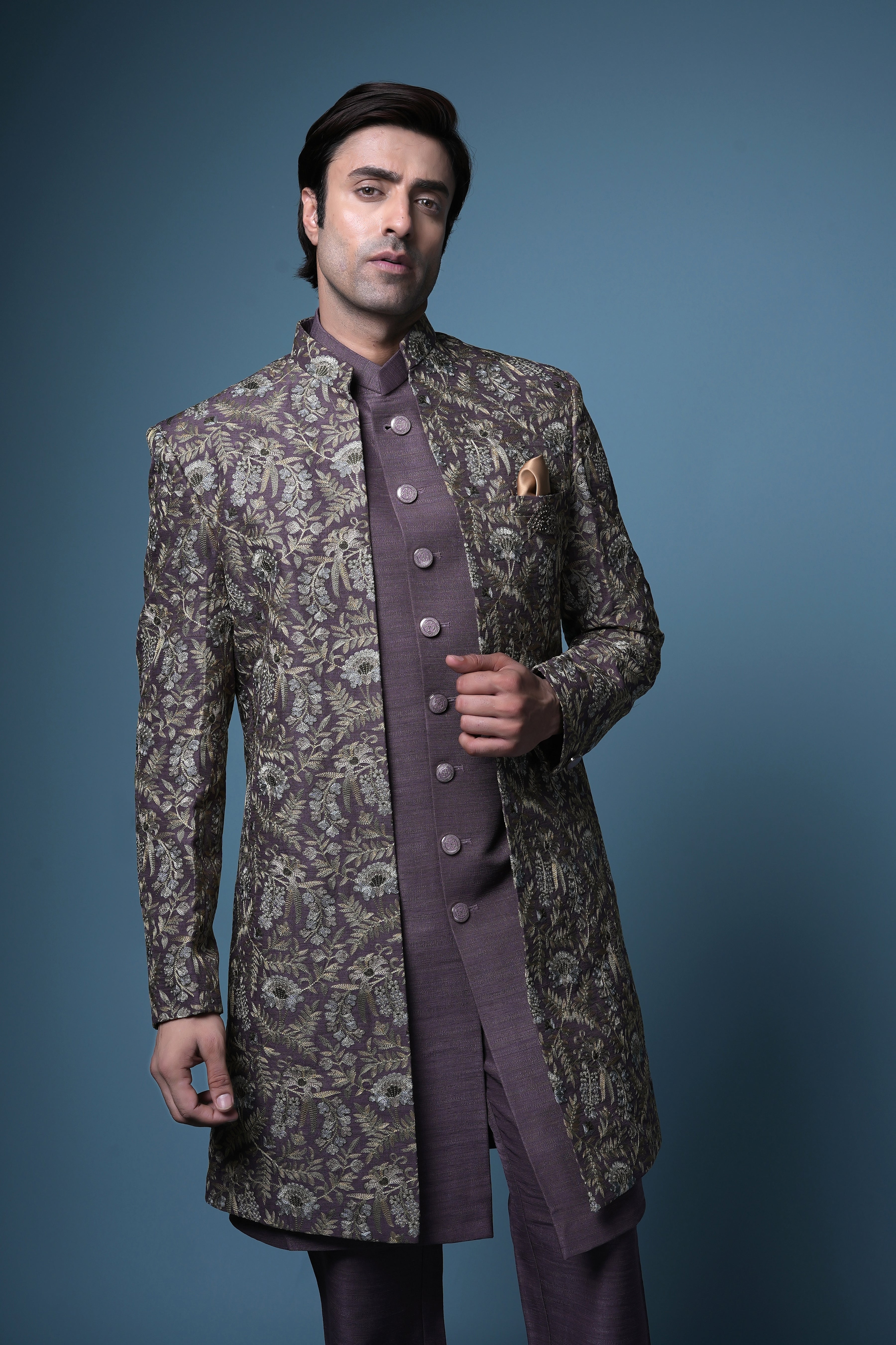 Deep Plum Brocade Bandhgala Set with Antique Gold Detailing