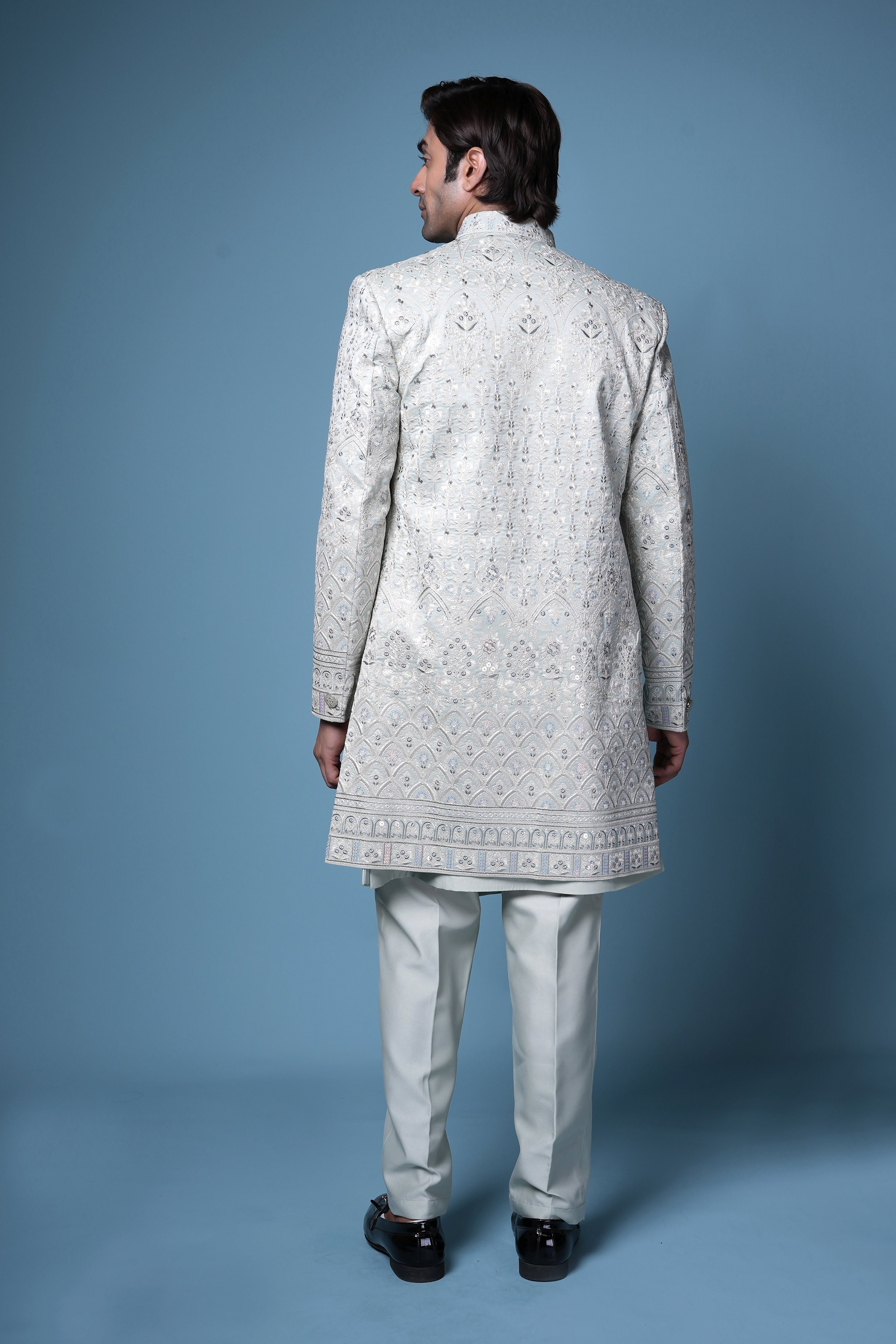 Mint Green Hand-Embroidered Silk Sherwani Set