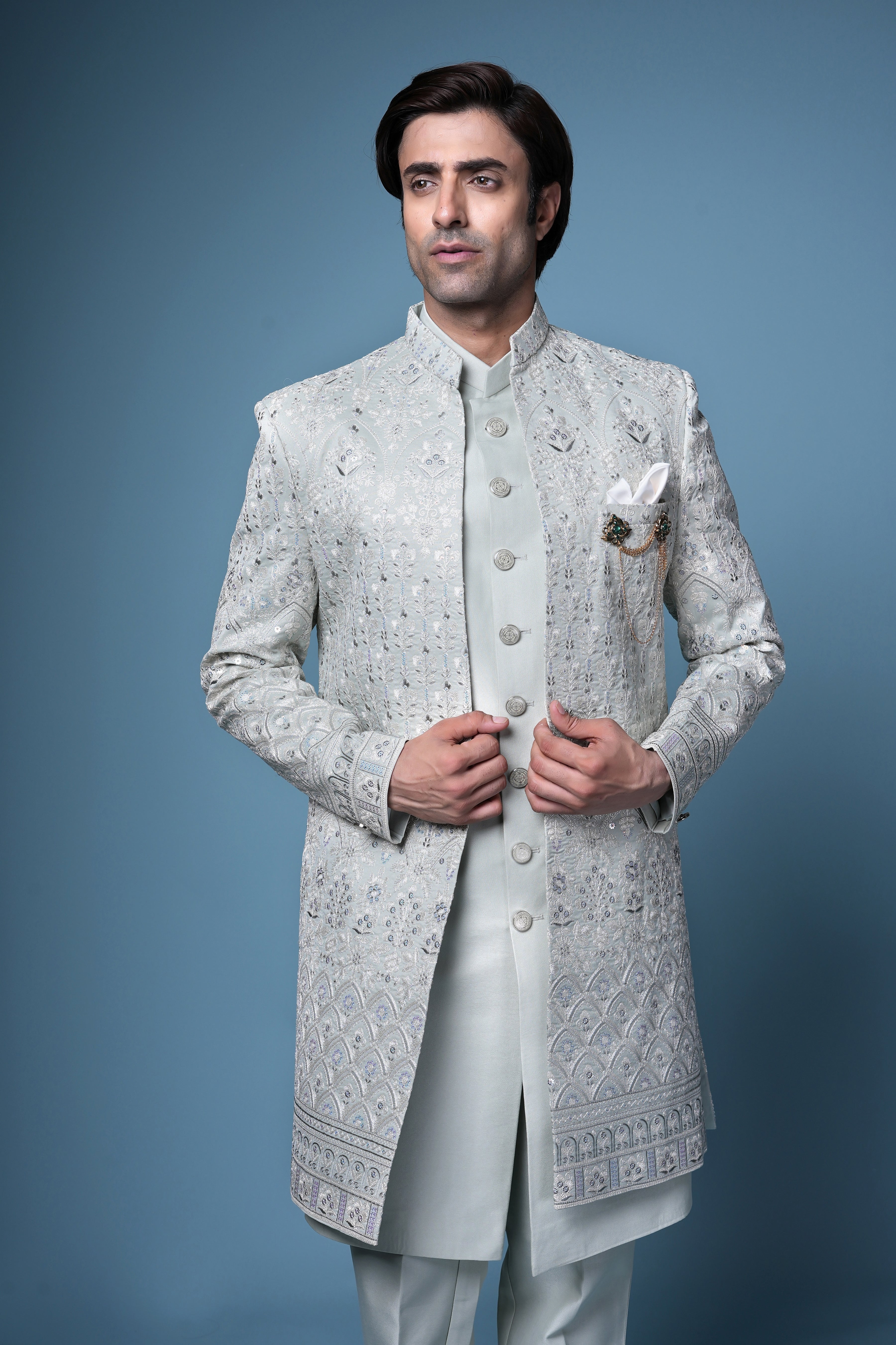 Mint Green Hand-Embroidered Silk Sherwani Set