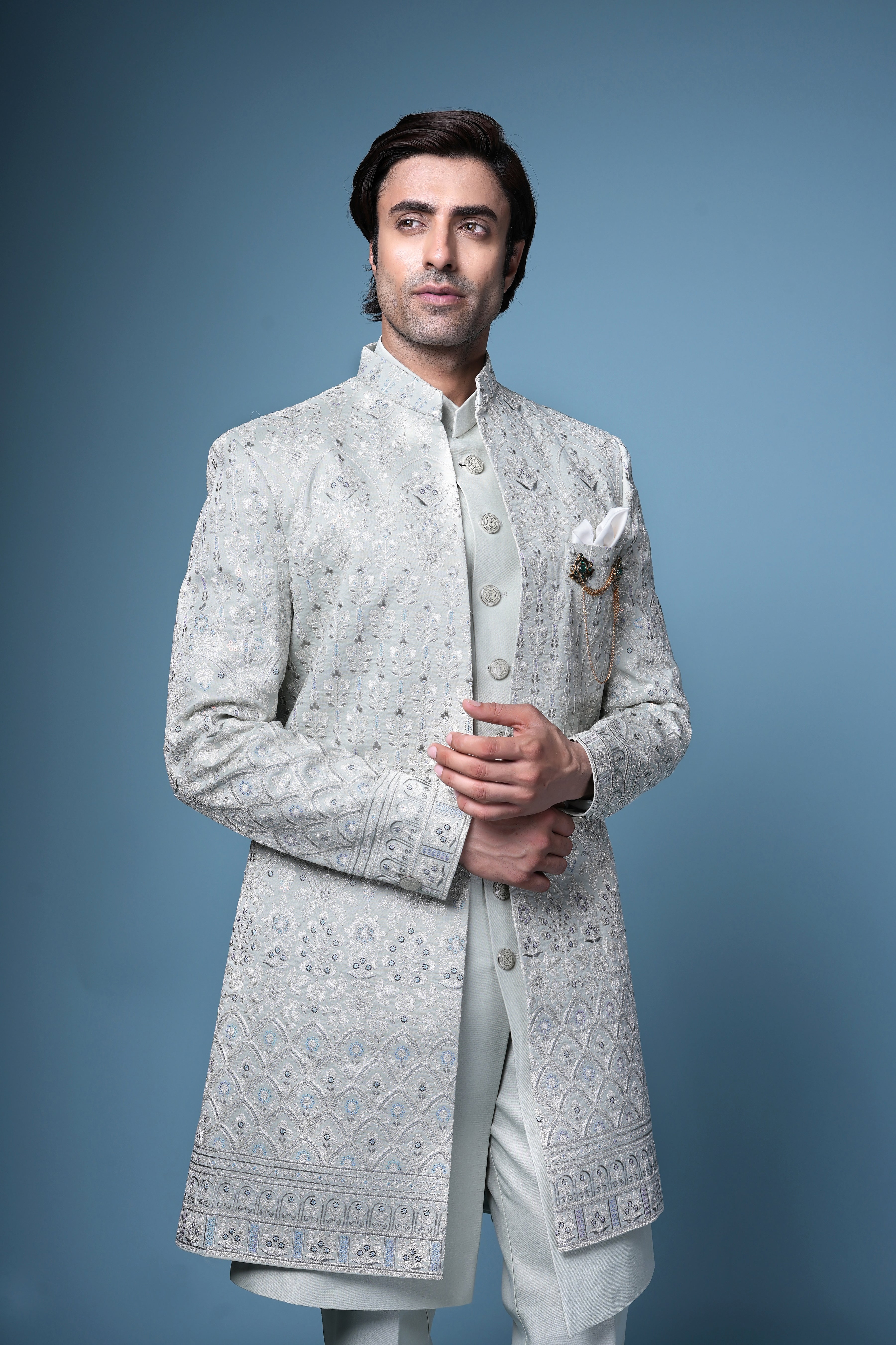 Mint Green Hand-Embroidered Silk Sherwani Set