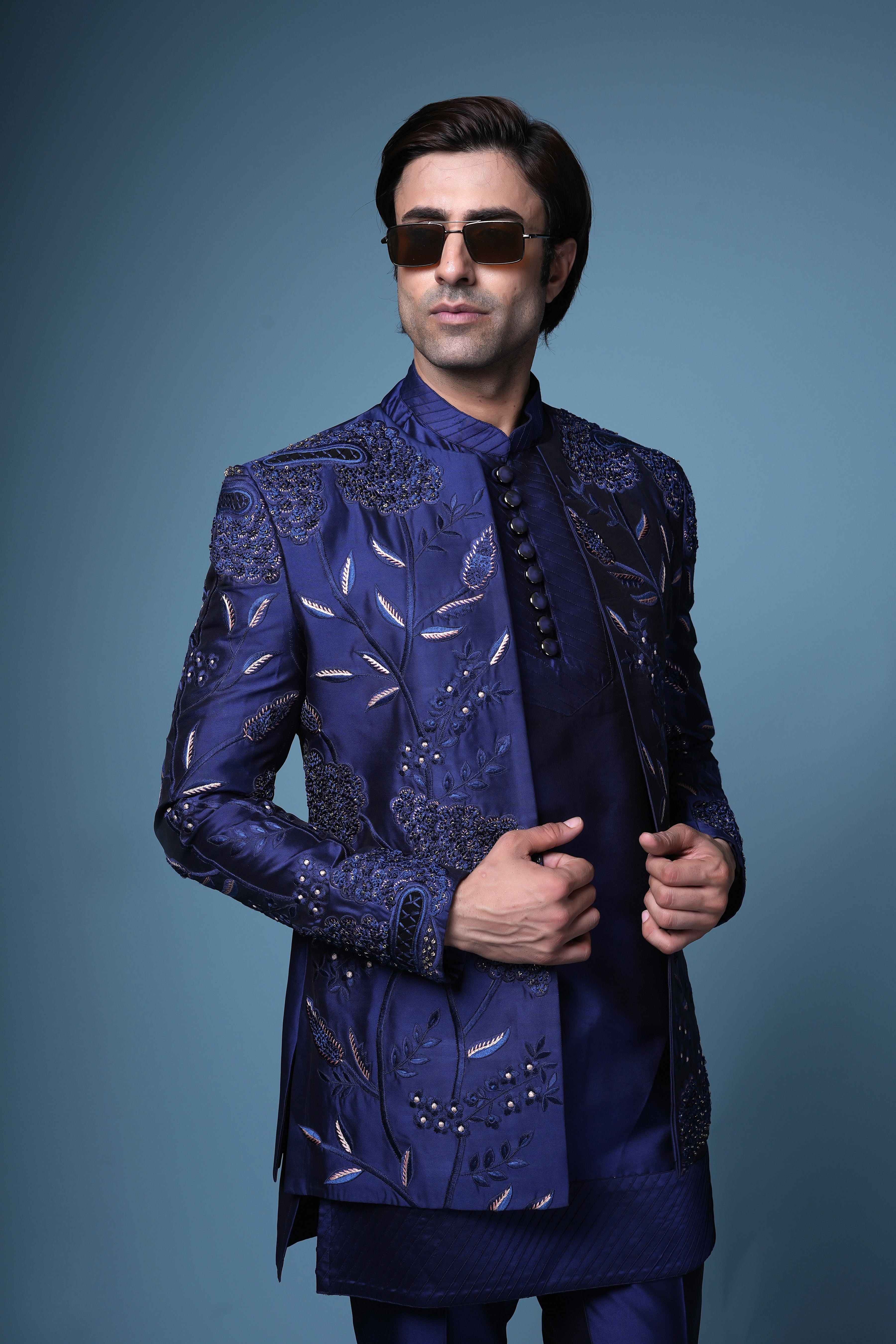 Royal Sapphire Embroidered Bandhgala Kurta Set