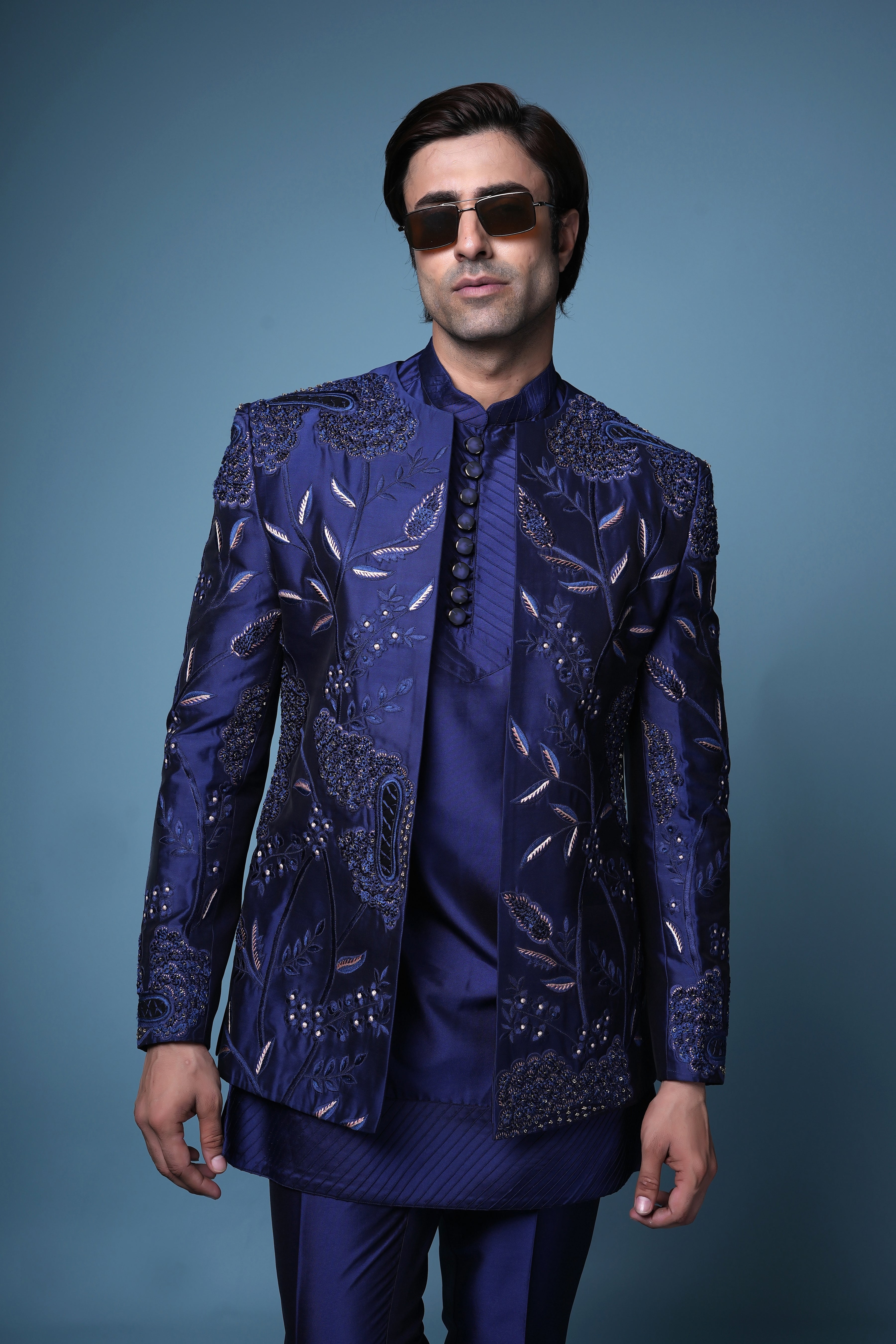 Royal Sapphire Embroidered Bandhgala Kurta Set