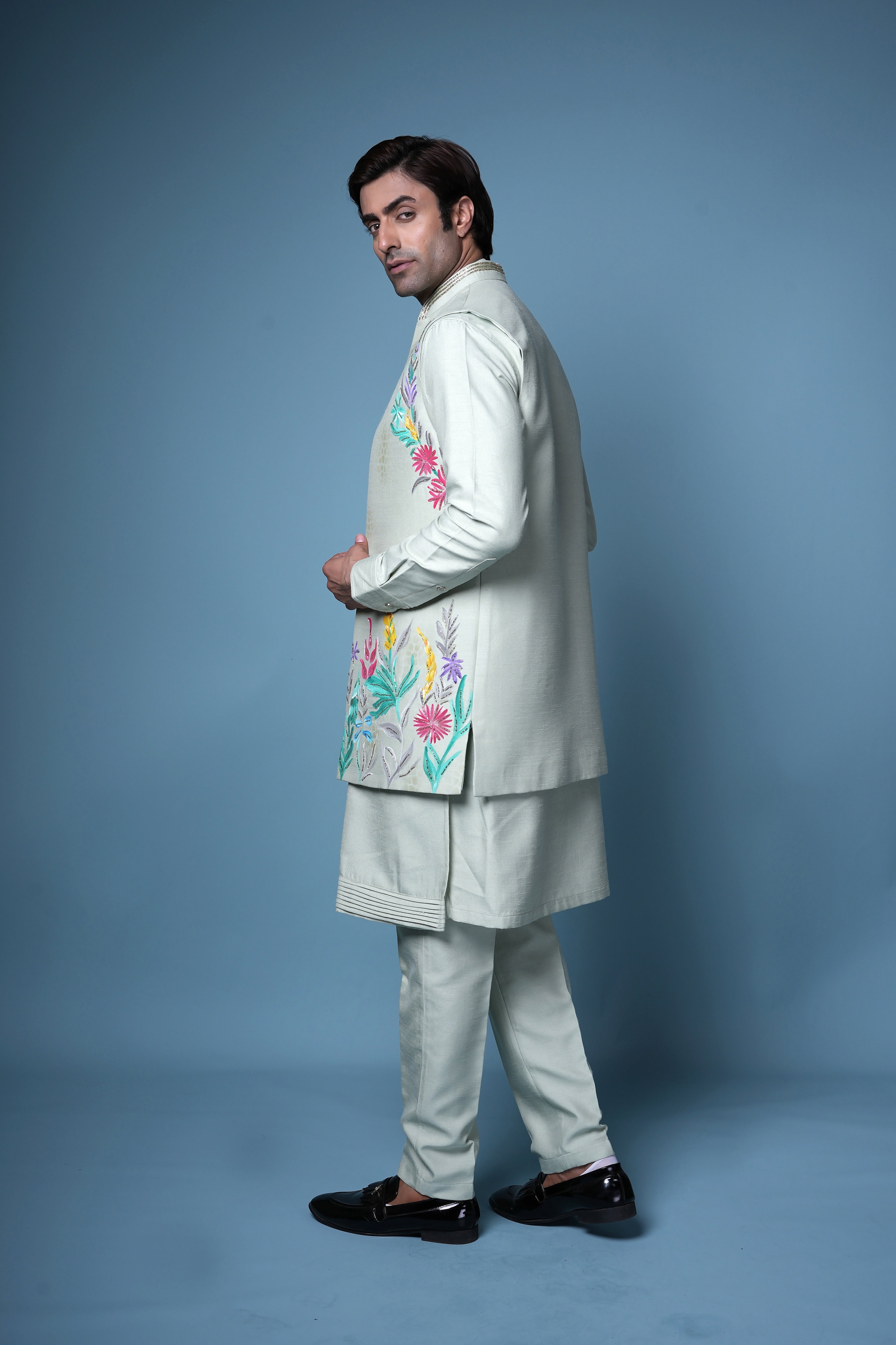 Pastel Mint Embroidered Nehru Jacket Kurta Set