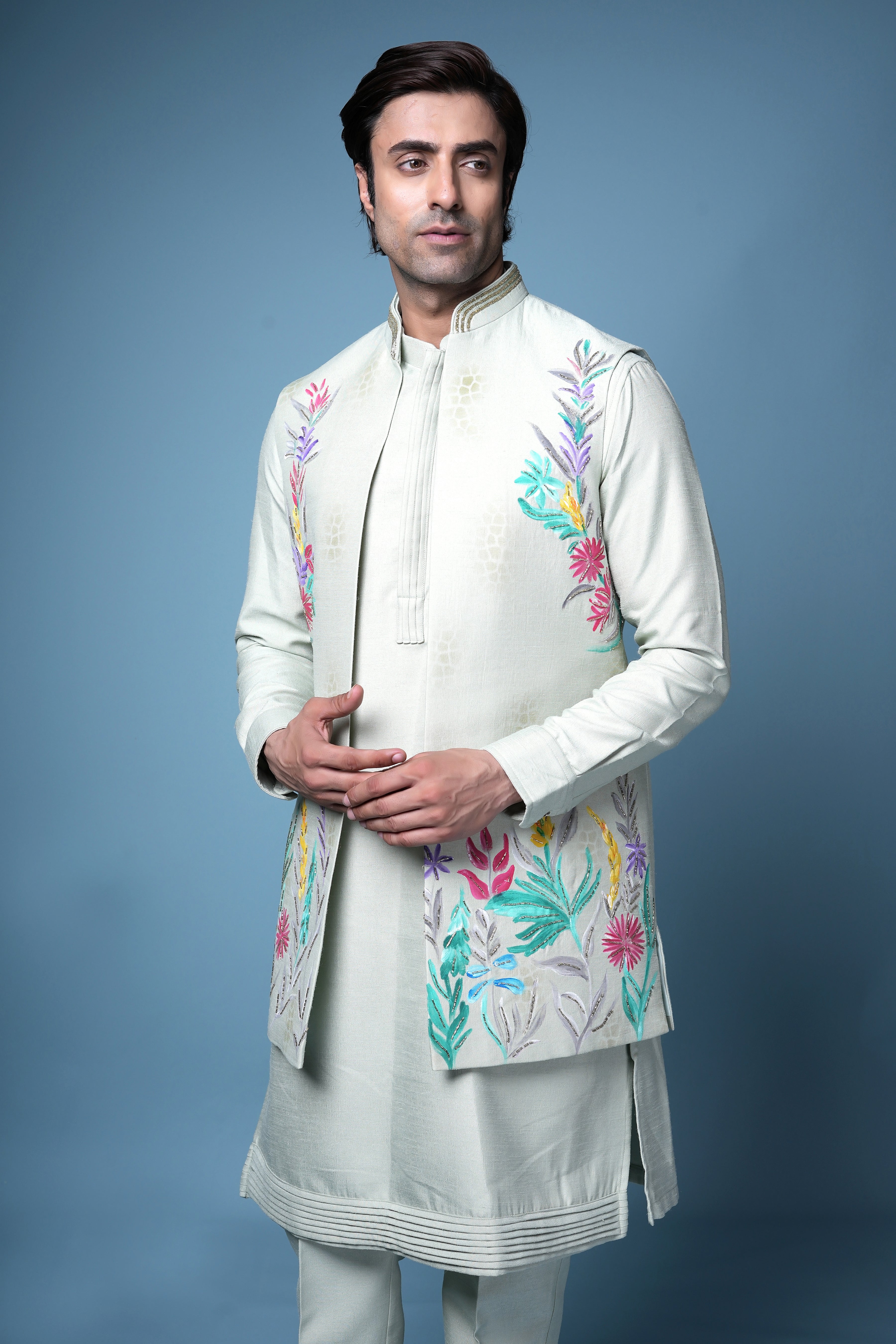 Pastel Mint Embroidered Nehru Jacket Kurta Set