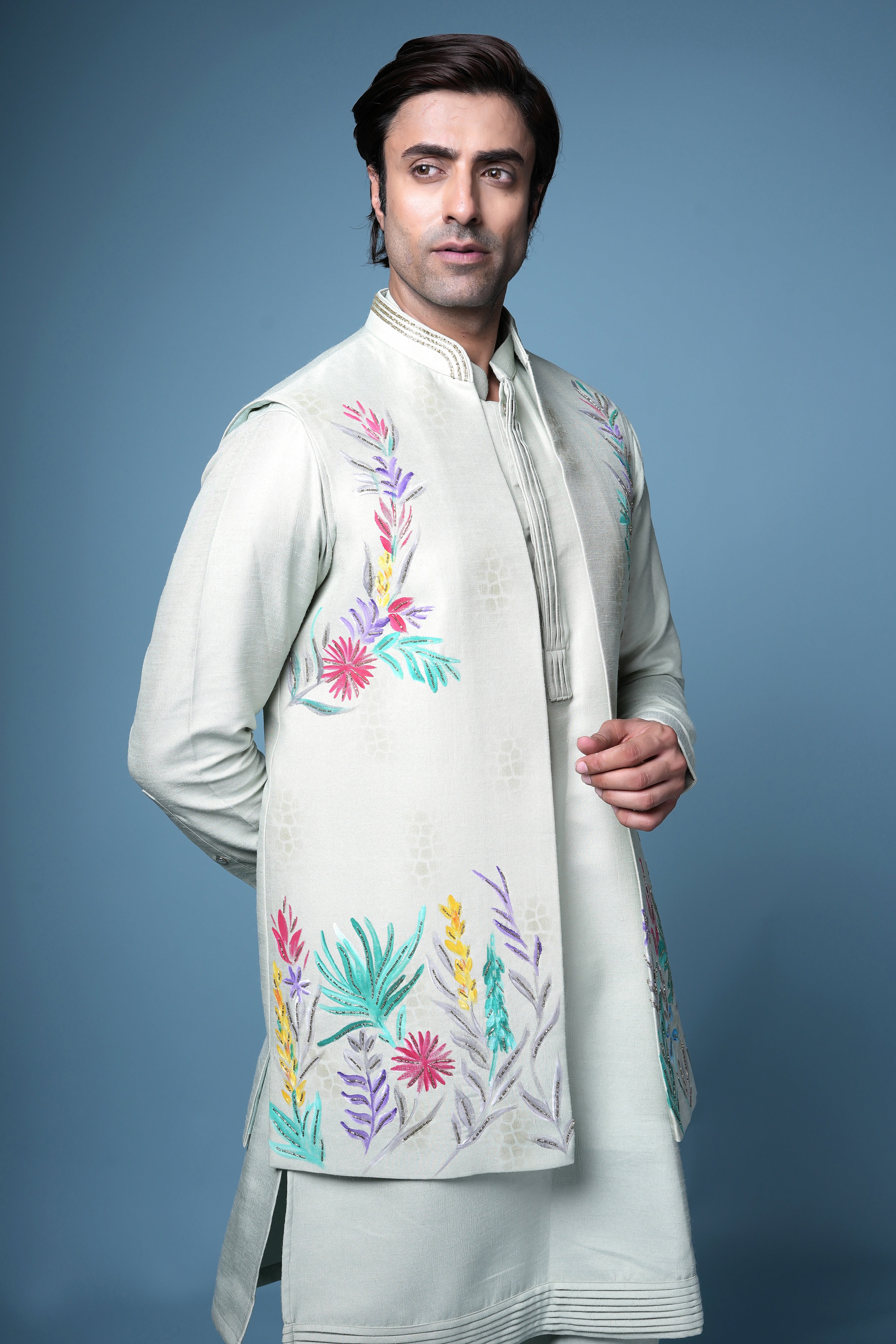 Pastel Mint Embroidered Nehru Jacket Kurta Set