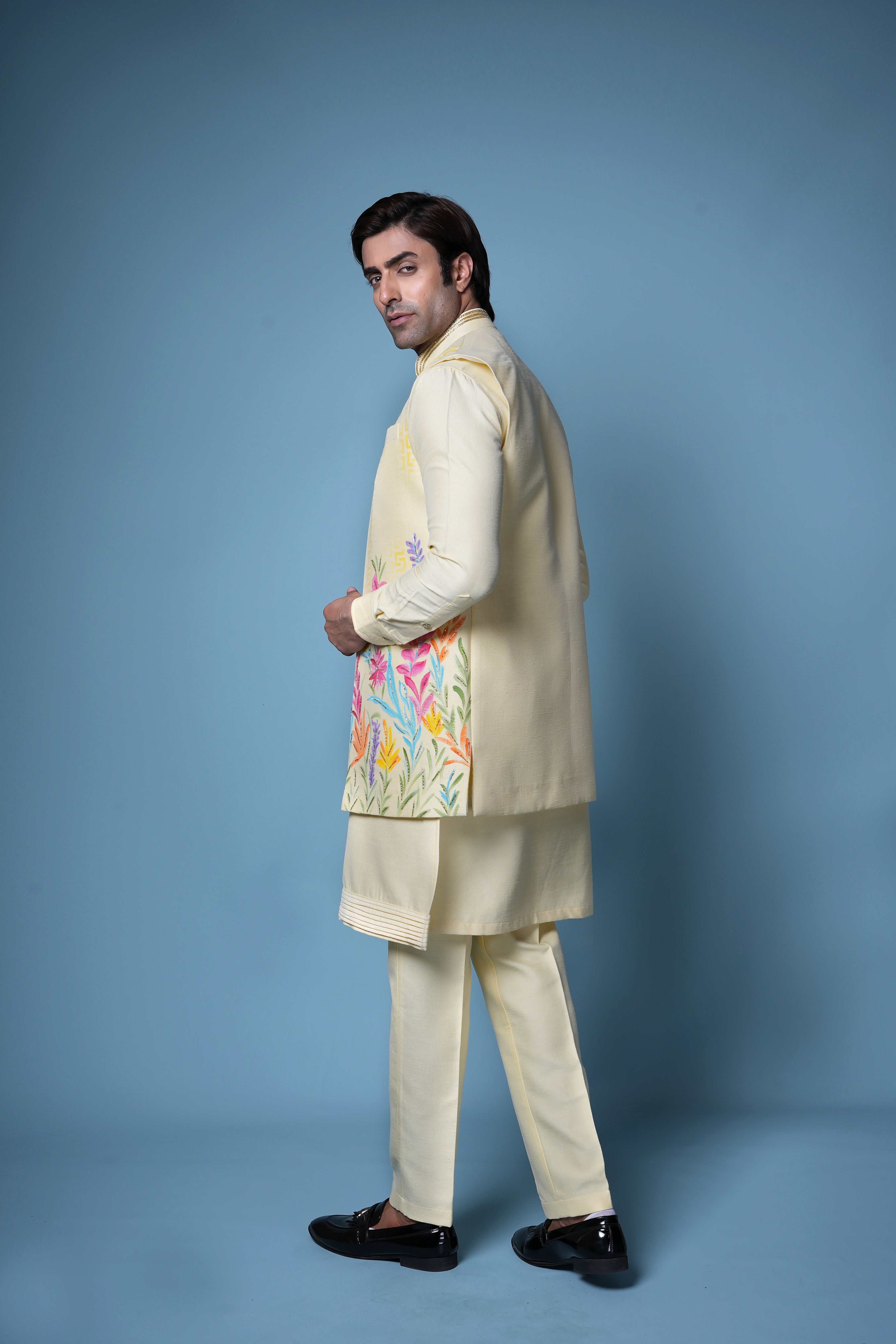 Sunshine Yellow Embroidered Nehru Jacket Kurta Set