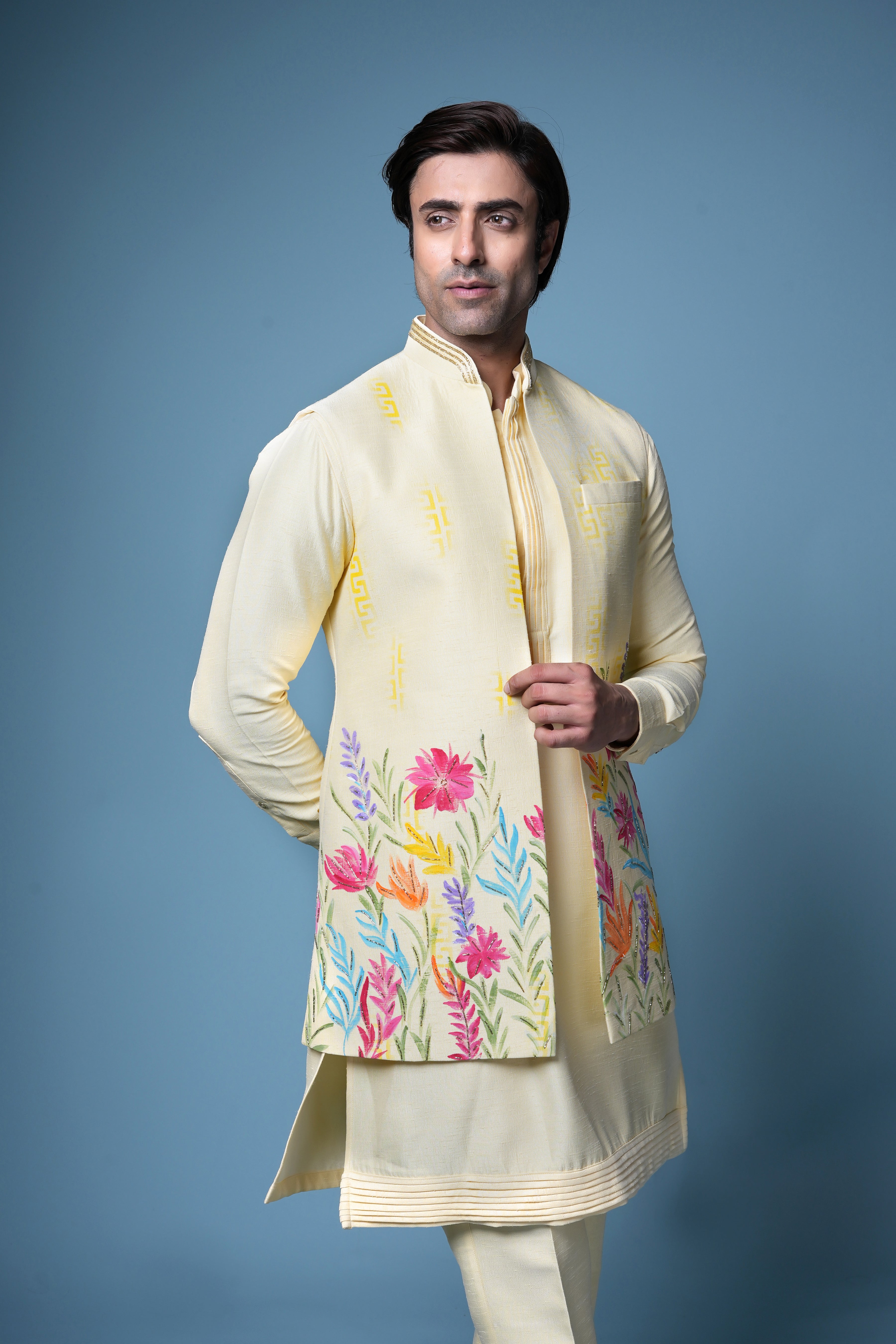 Sunshine Yellow Embroidered Nehru Jacket Kurta Set