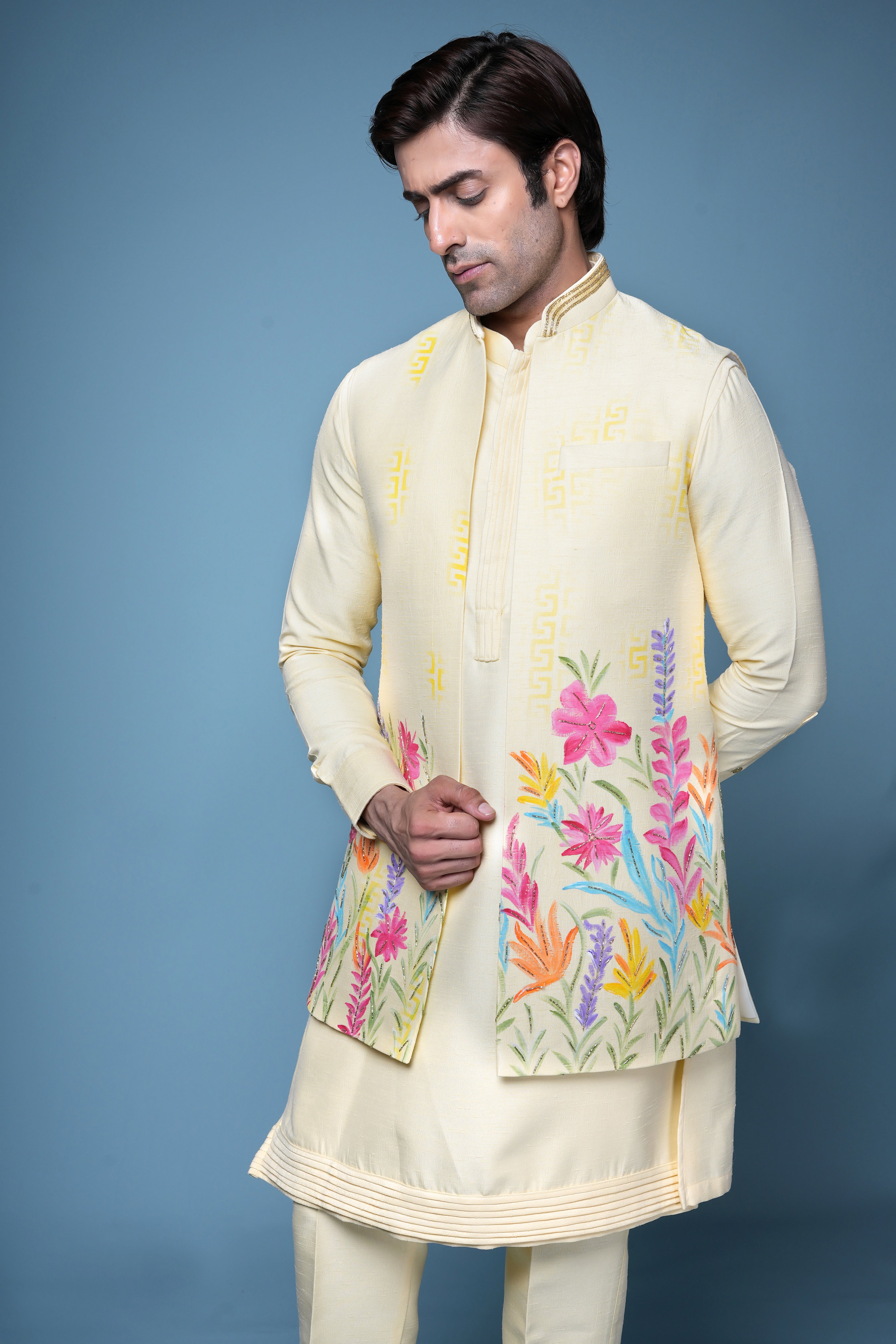 Sunshine Yellow Embroidered Nehru Jacket Kurta Set