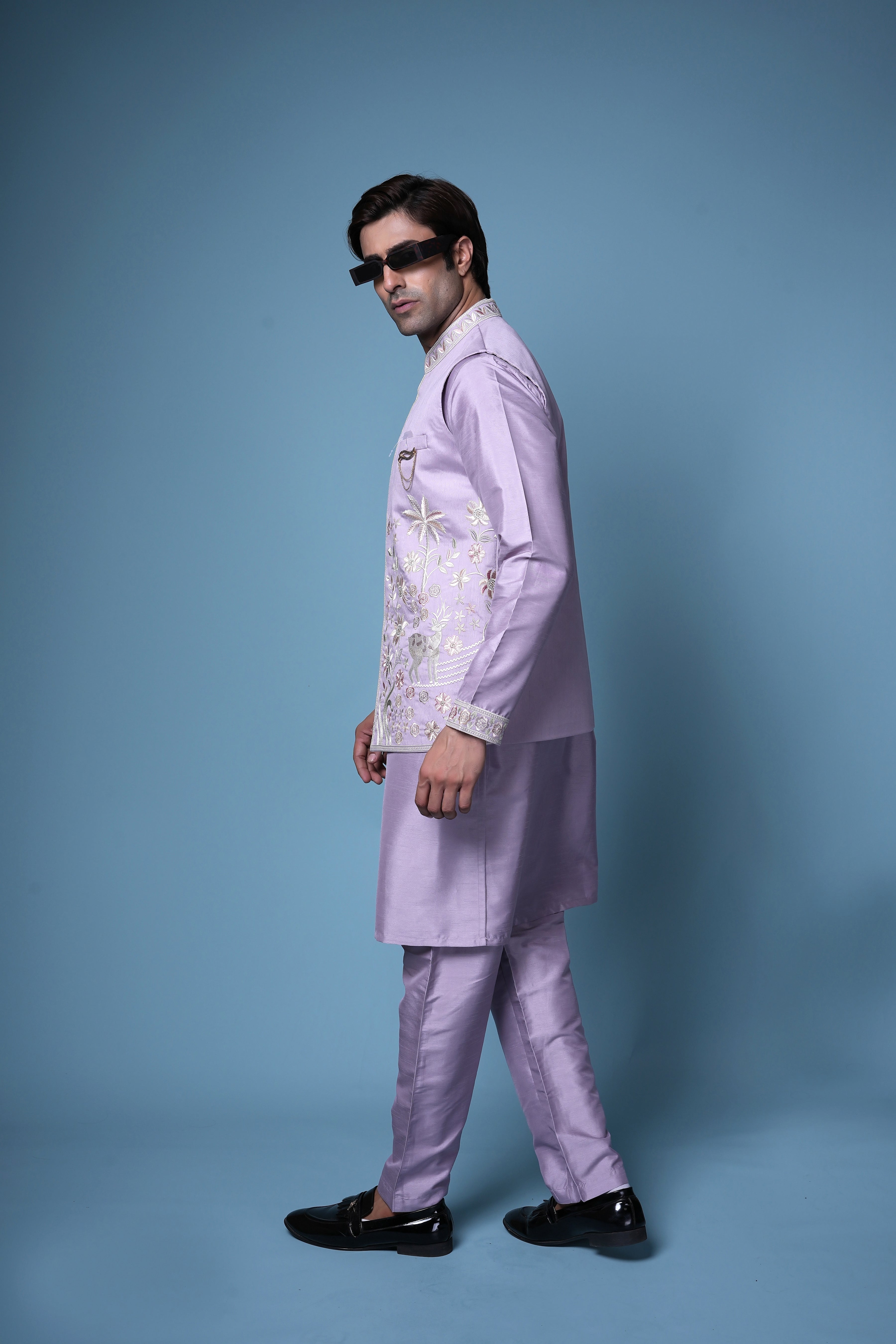 Lavender Bloom Embroidered Kurta Set with Jacket