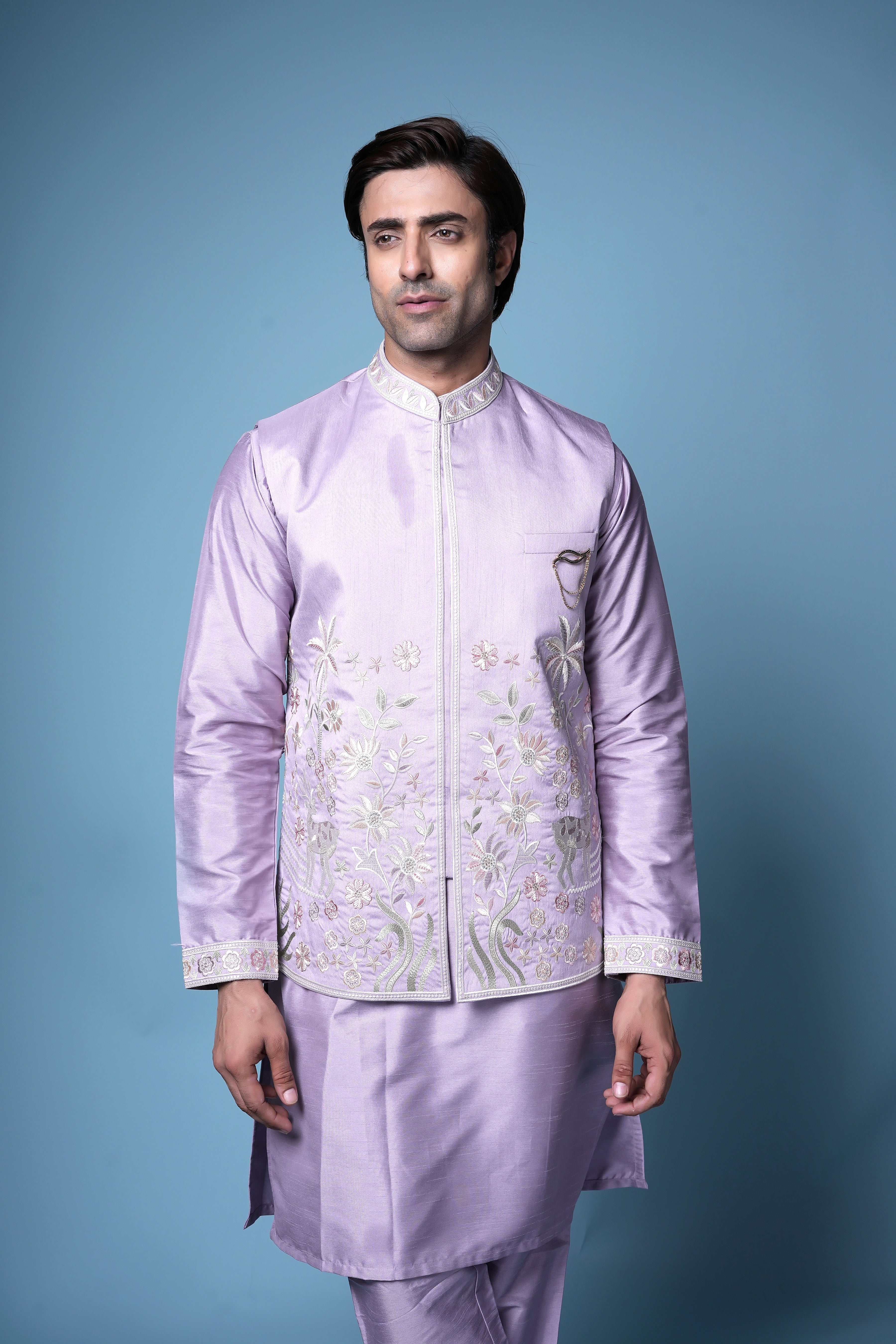 Lavender Bloom Embroidered Kurta Set with Jacket