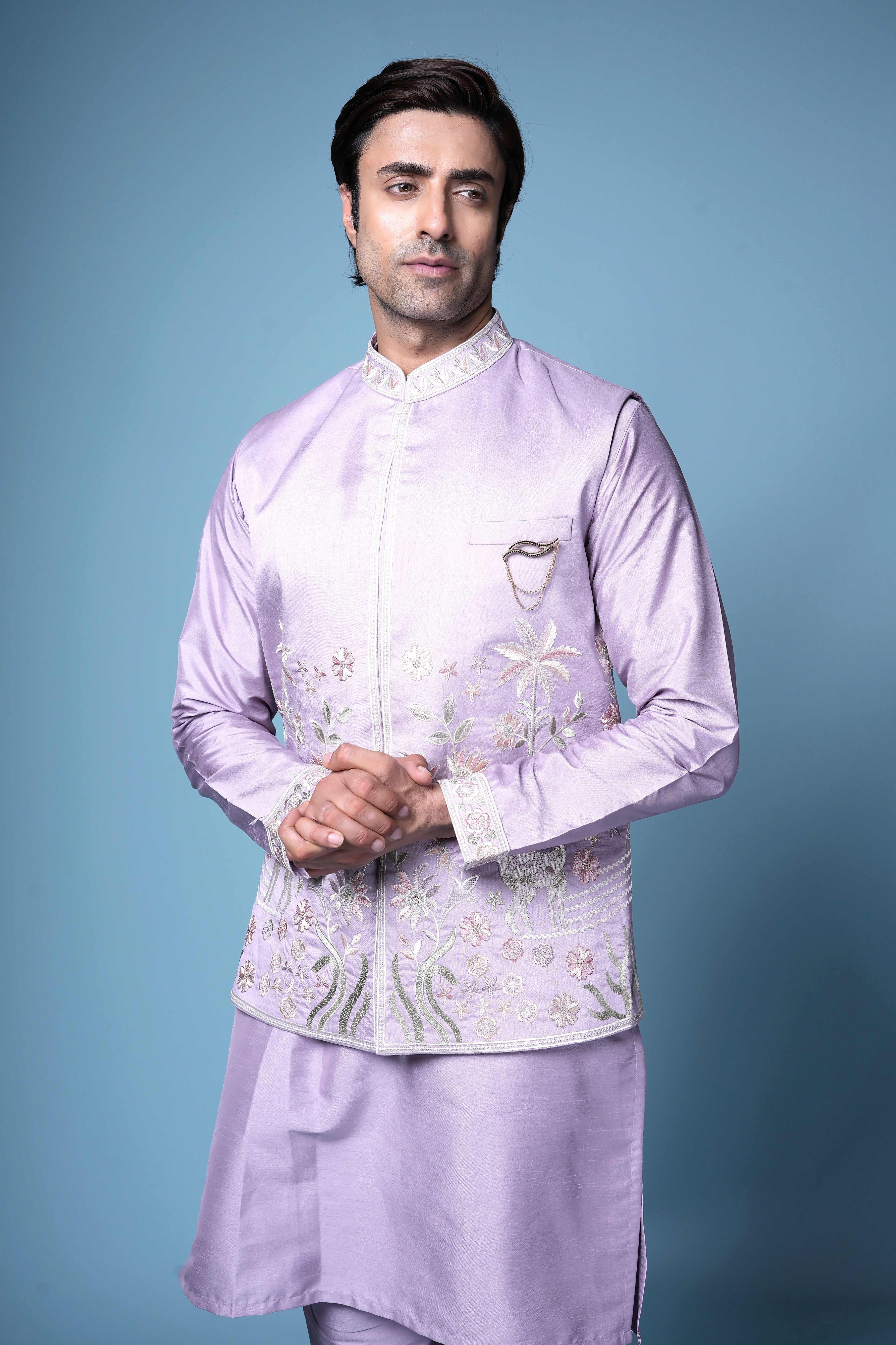 Lavender Bloom Embroidered Kurta Set with Jacket