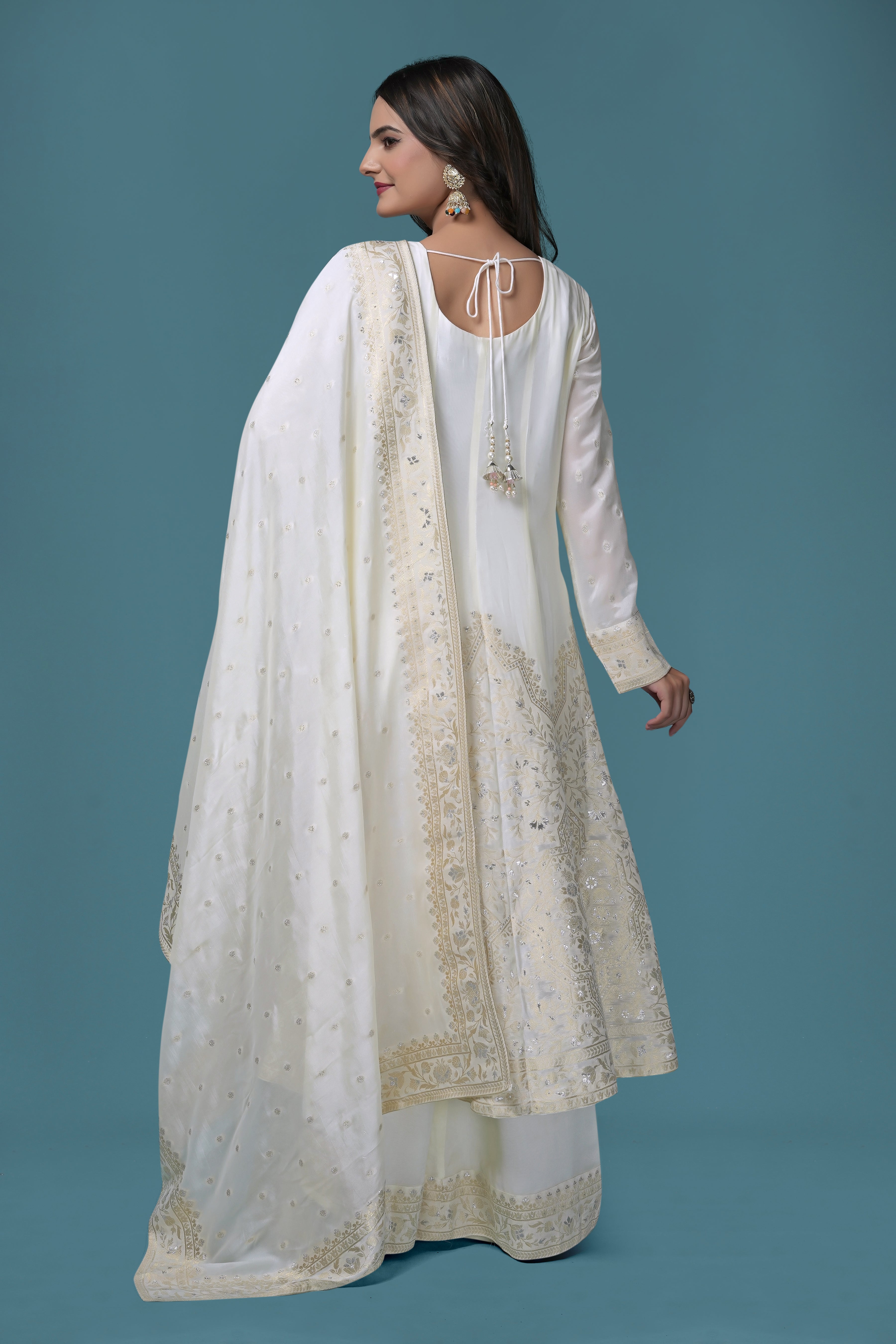 Ethereal Ivory Anarkali Suit with Exquisite Golden Embroidery
