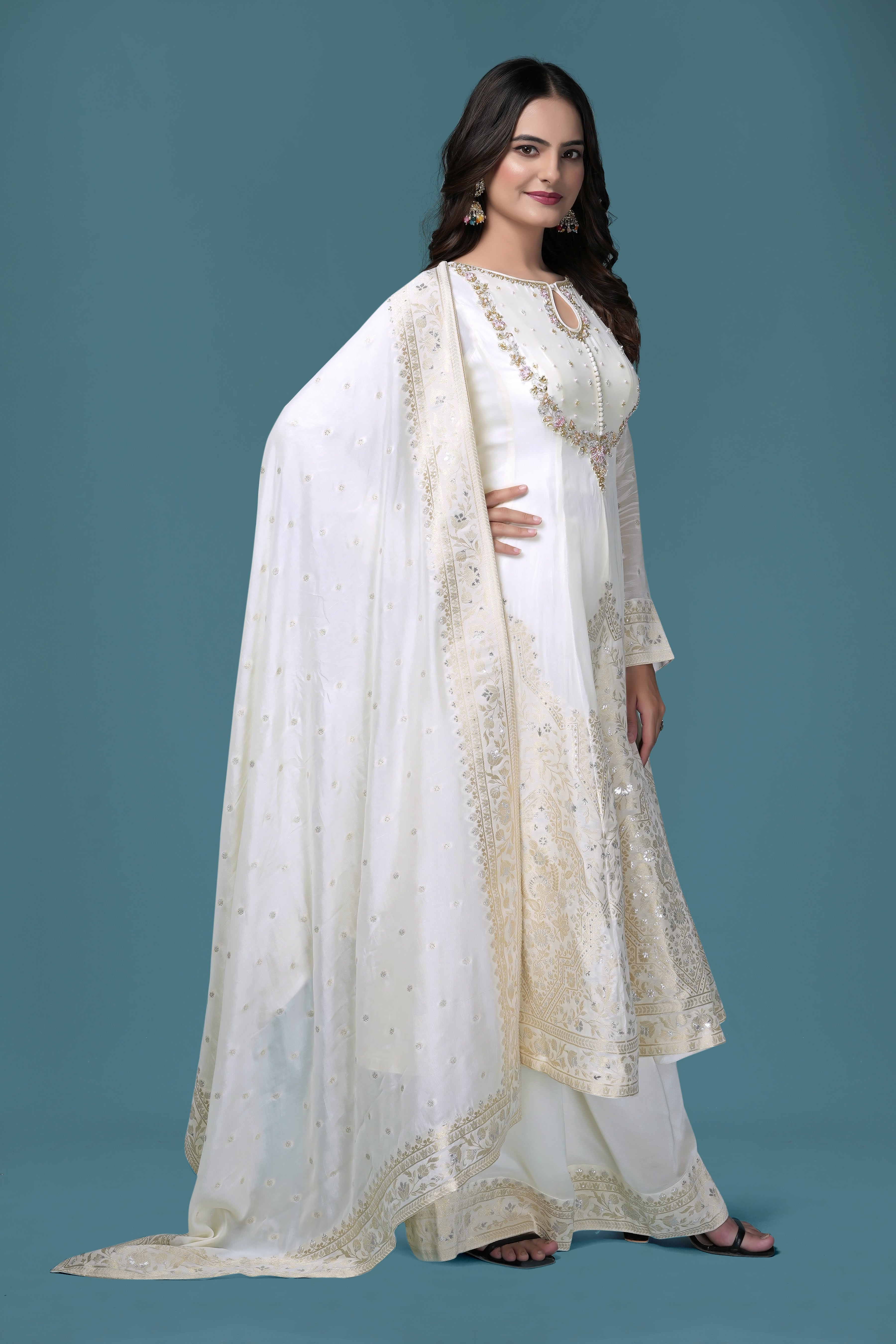 Ethereal Ivory Anarkali Suit with Exquisite Golden Embroidery