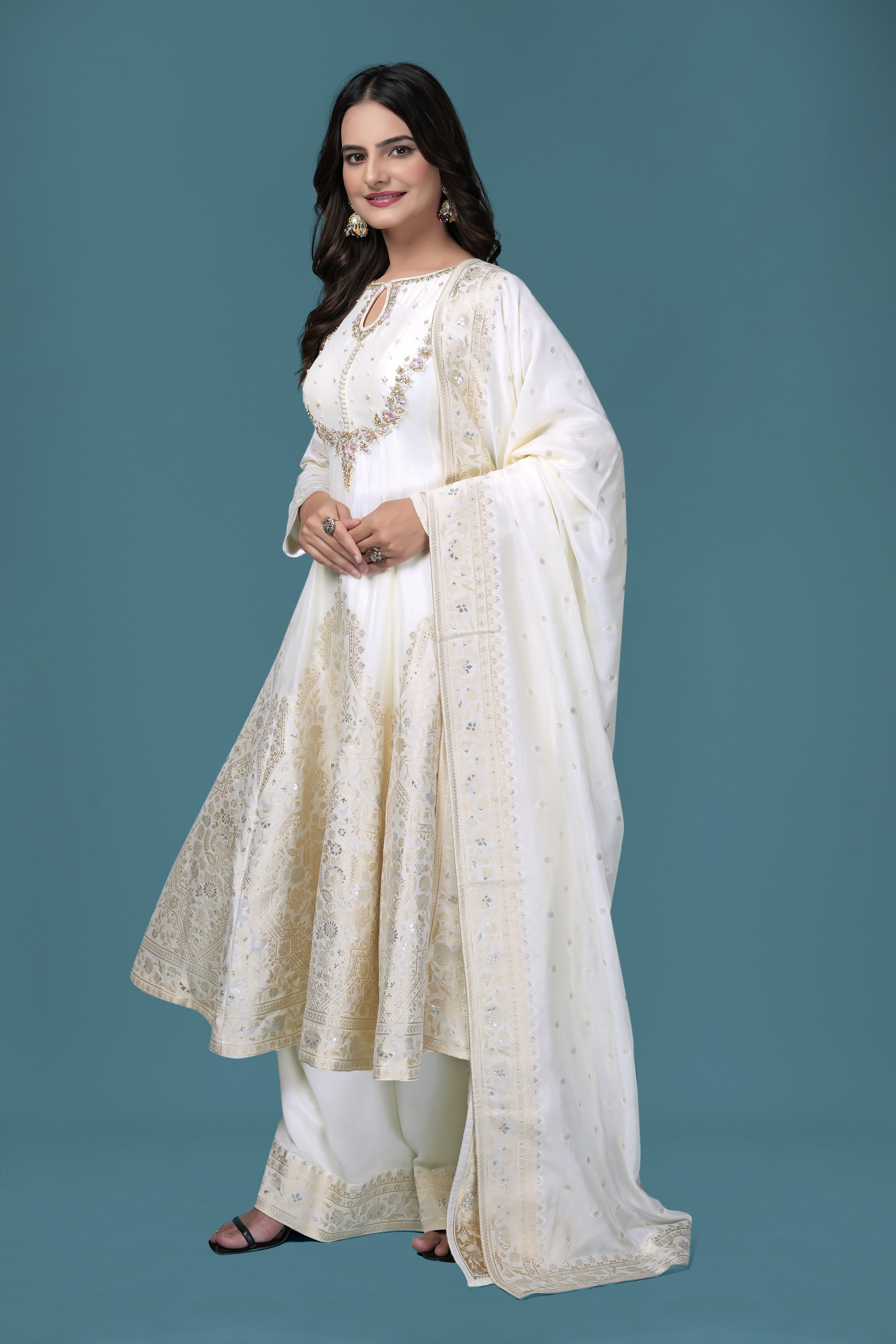 Ethereal Ivory Anarkali Suit with Exquisite Golden Embroidery