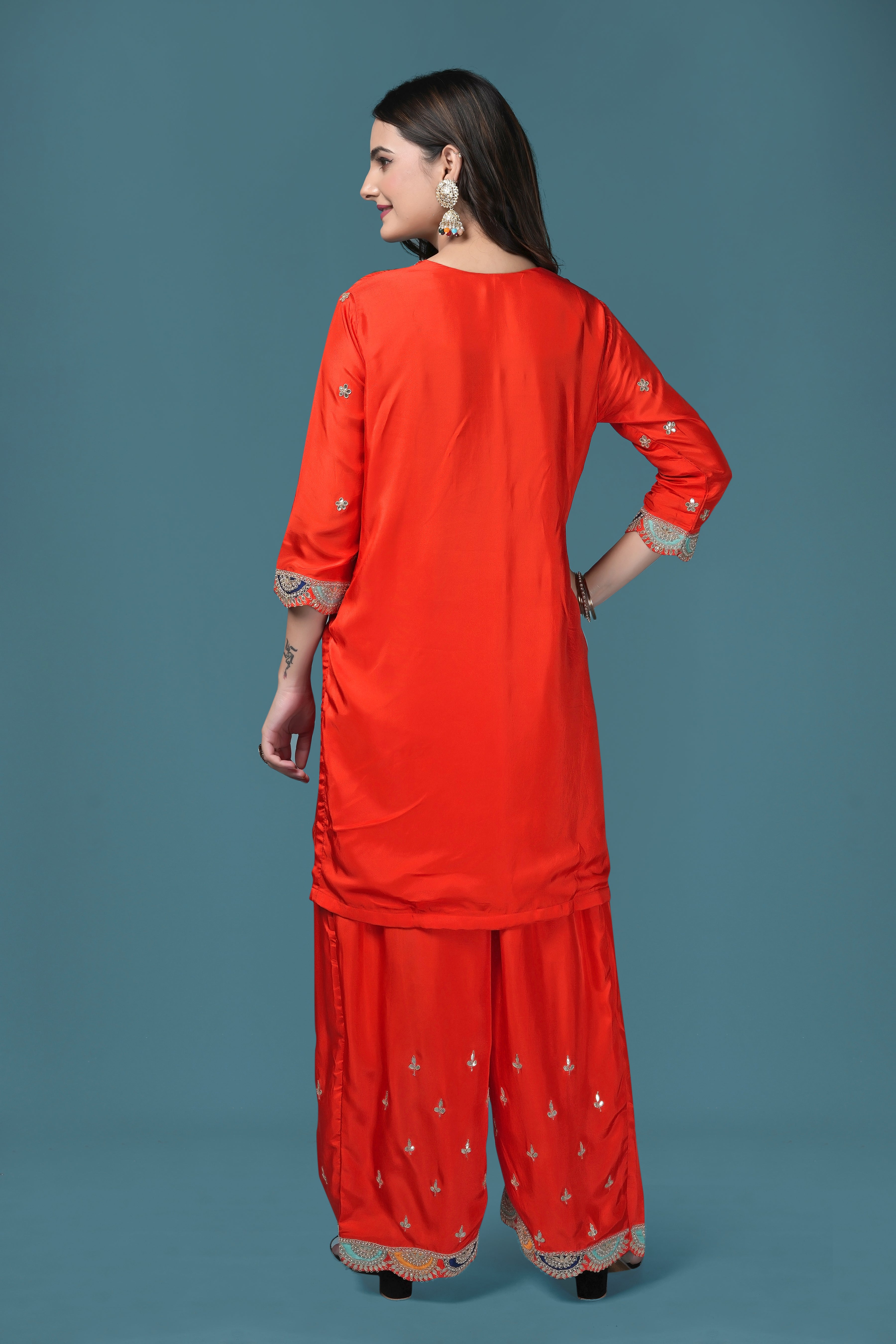 Bright Orange Embroidered Kurta with Palazzo Set