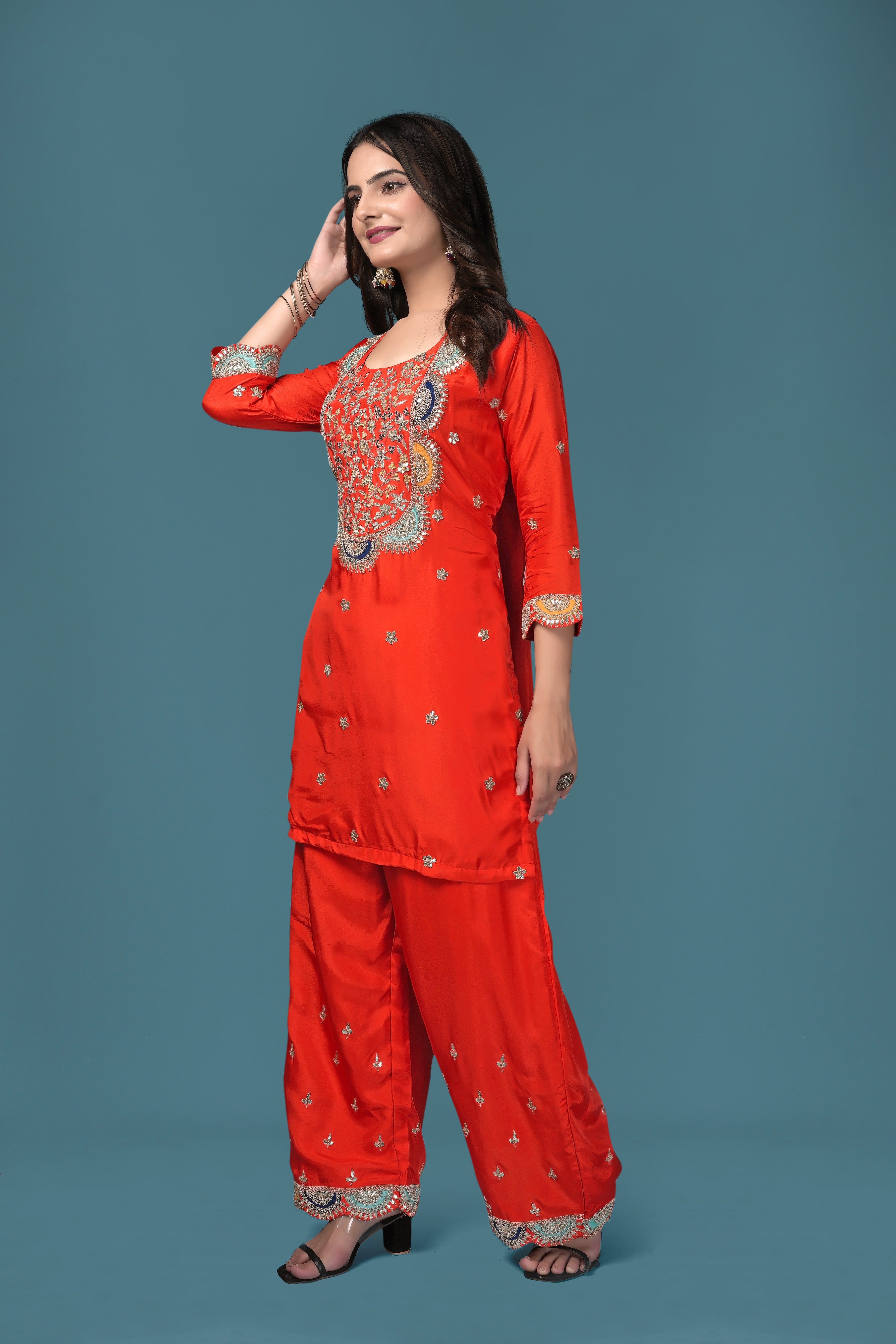 Bright Orange Embroidered Kurta with Palazzo Set