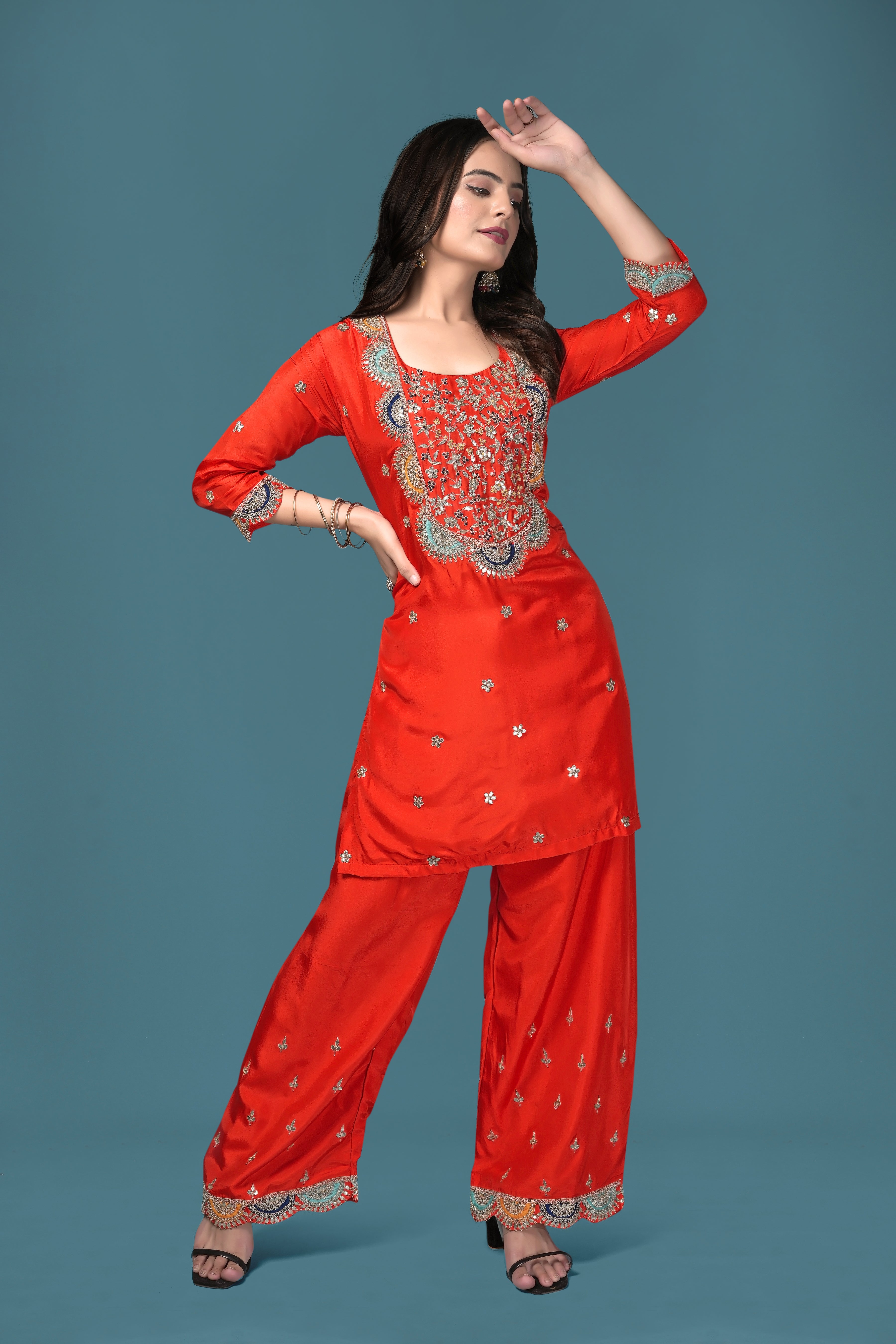 Bright Orange Embroidered Kurta with Palazzo Set
