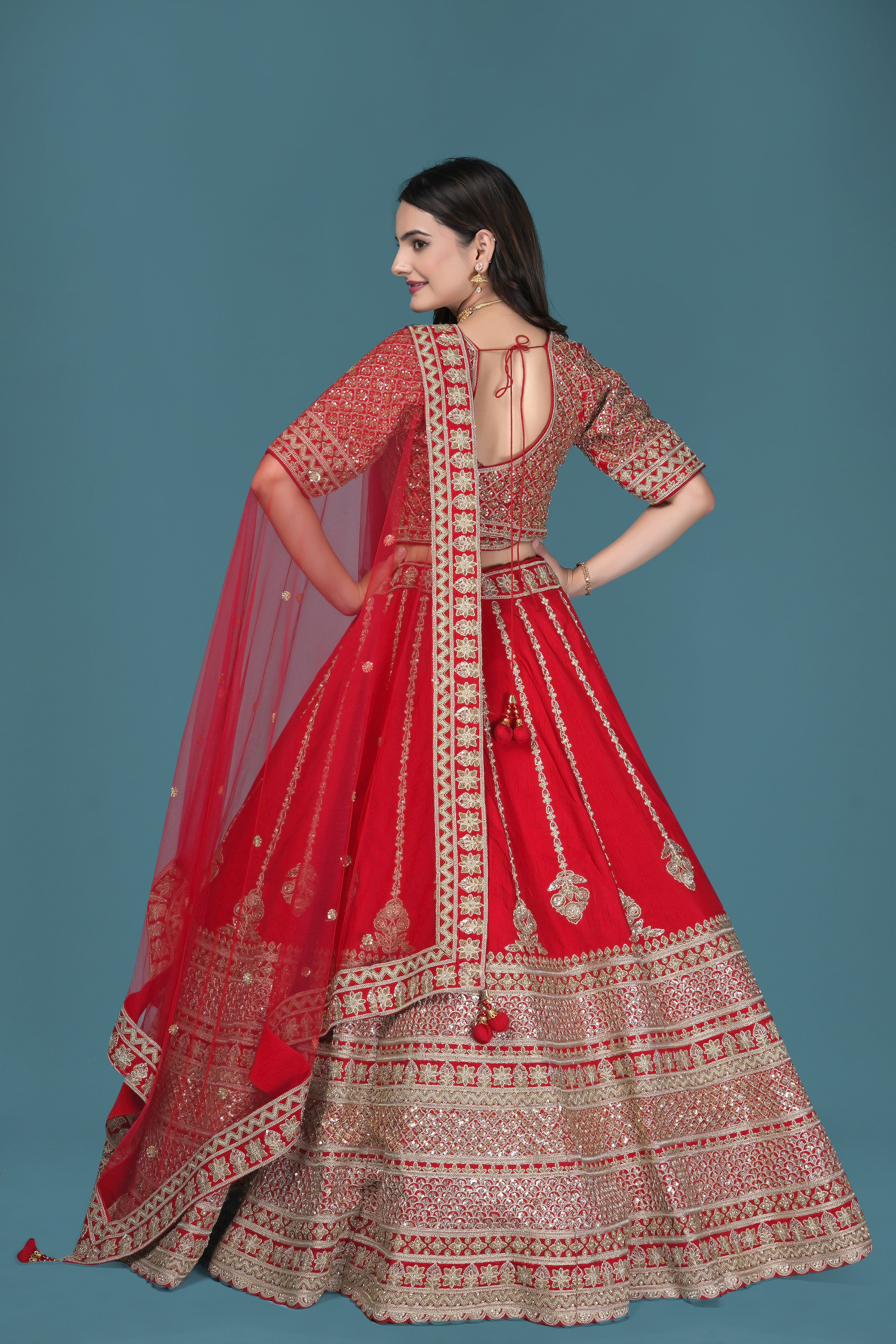 Red Zari Embroidered Bridal Lehenga Choli with Dupatta