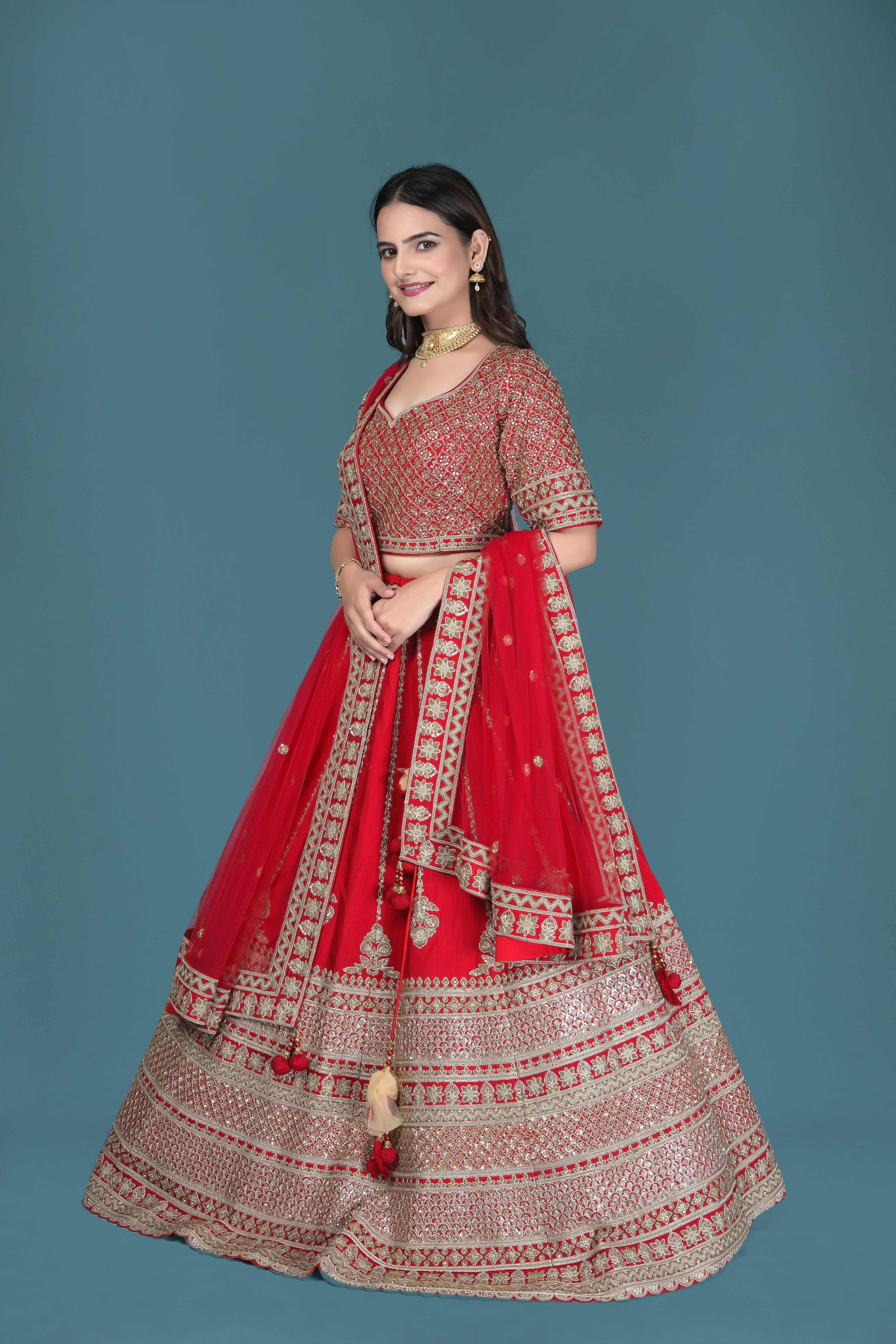 Red Zari Embroidered Bridal Lehenga Choli with Dupatta