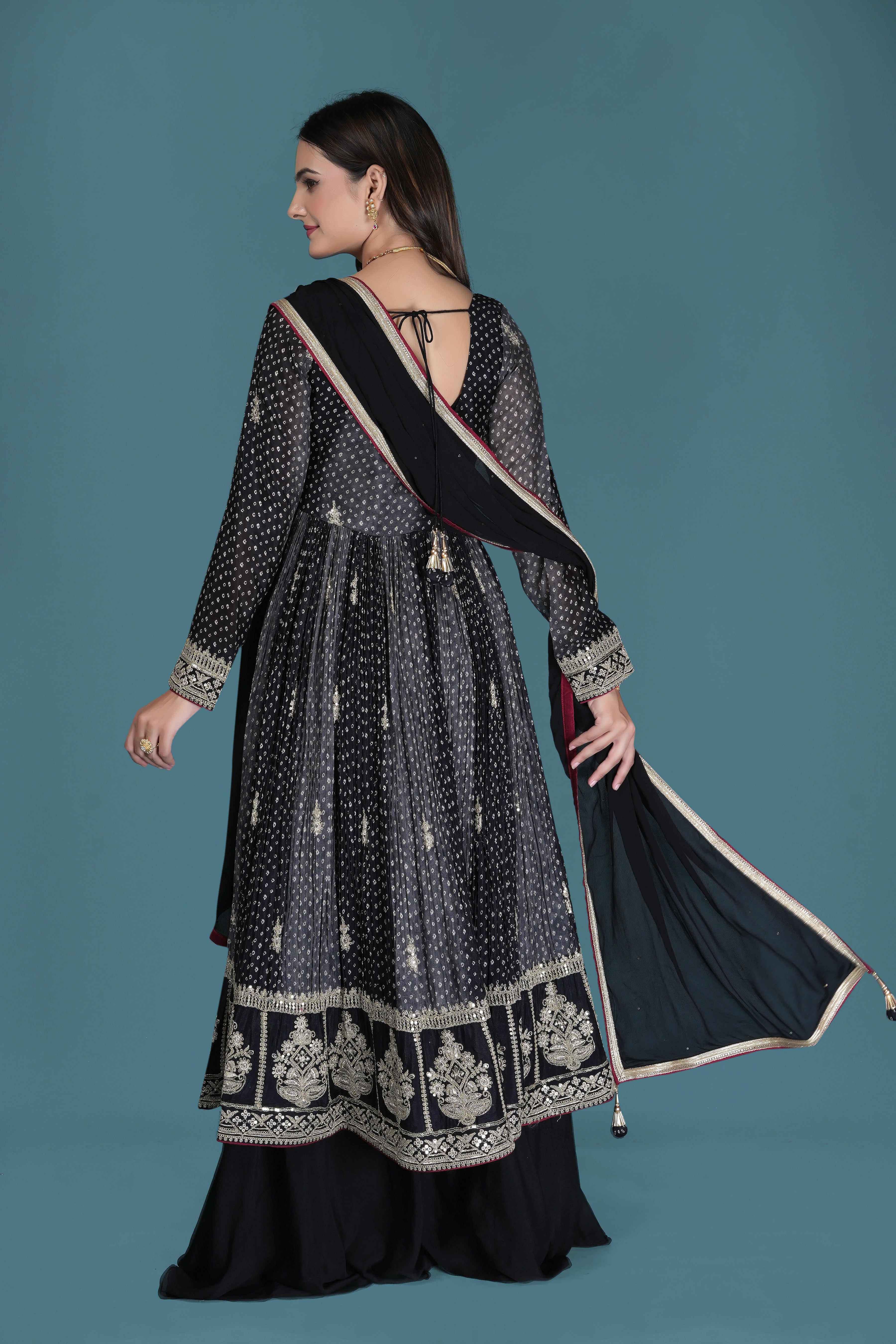 Black Embroidered Georgette Sharara Suit with Dupatta