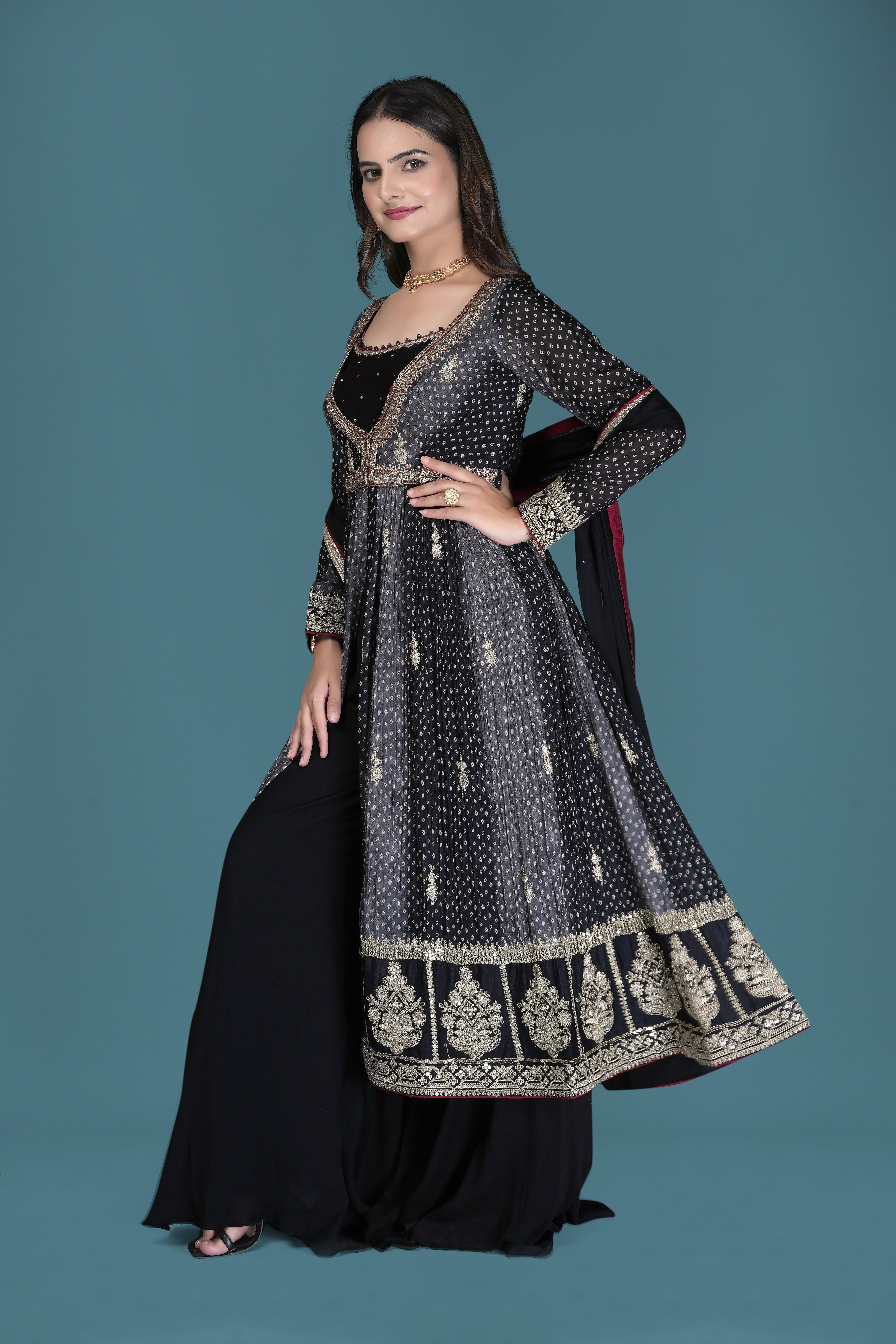 Black Embroidered Georgette Sharara Suit with Dupatta