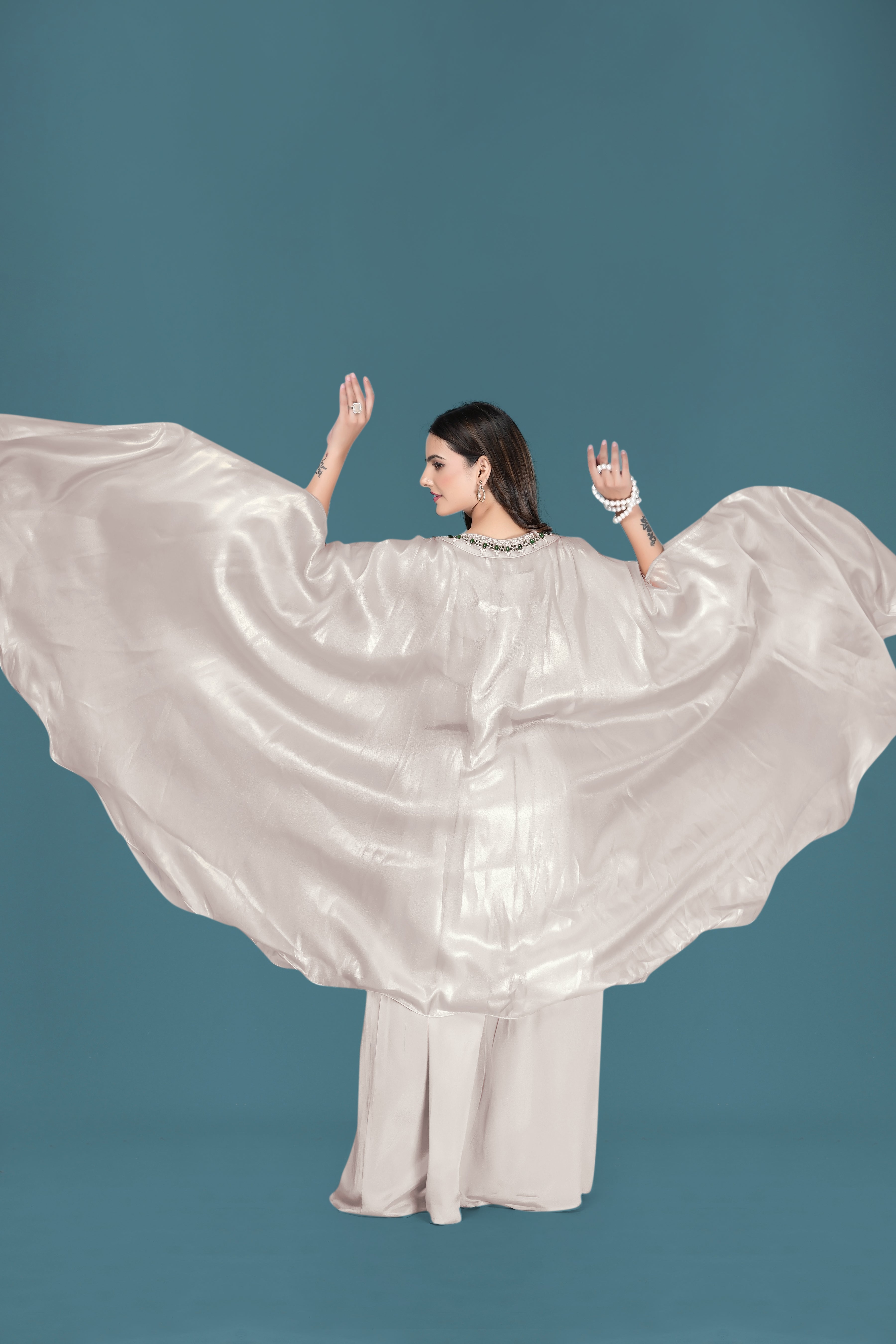 Elegant Pearl Beige Kaftan Gown with Green Embellished Neckline