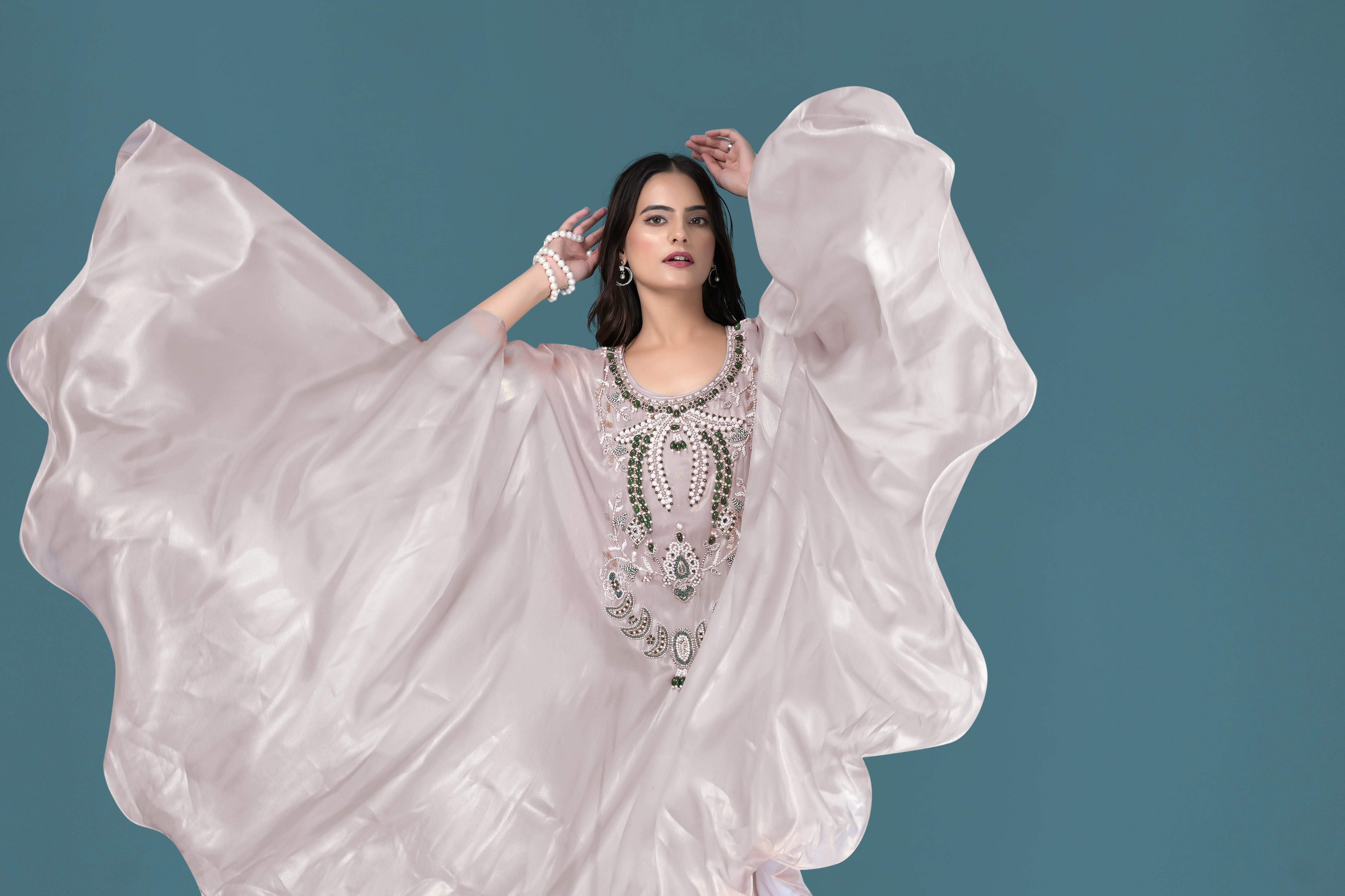 Elegant Pearl Beige Kaftan Gown with Green Embellished Neckline