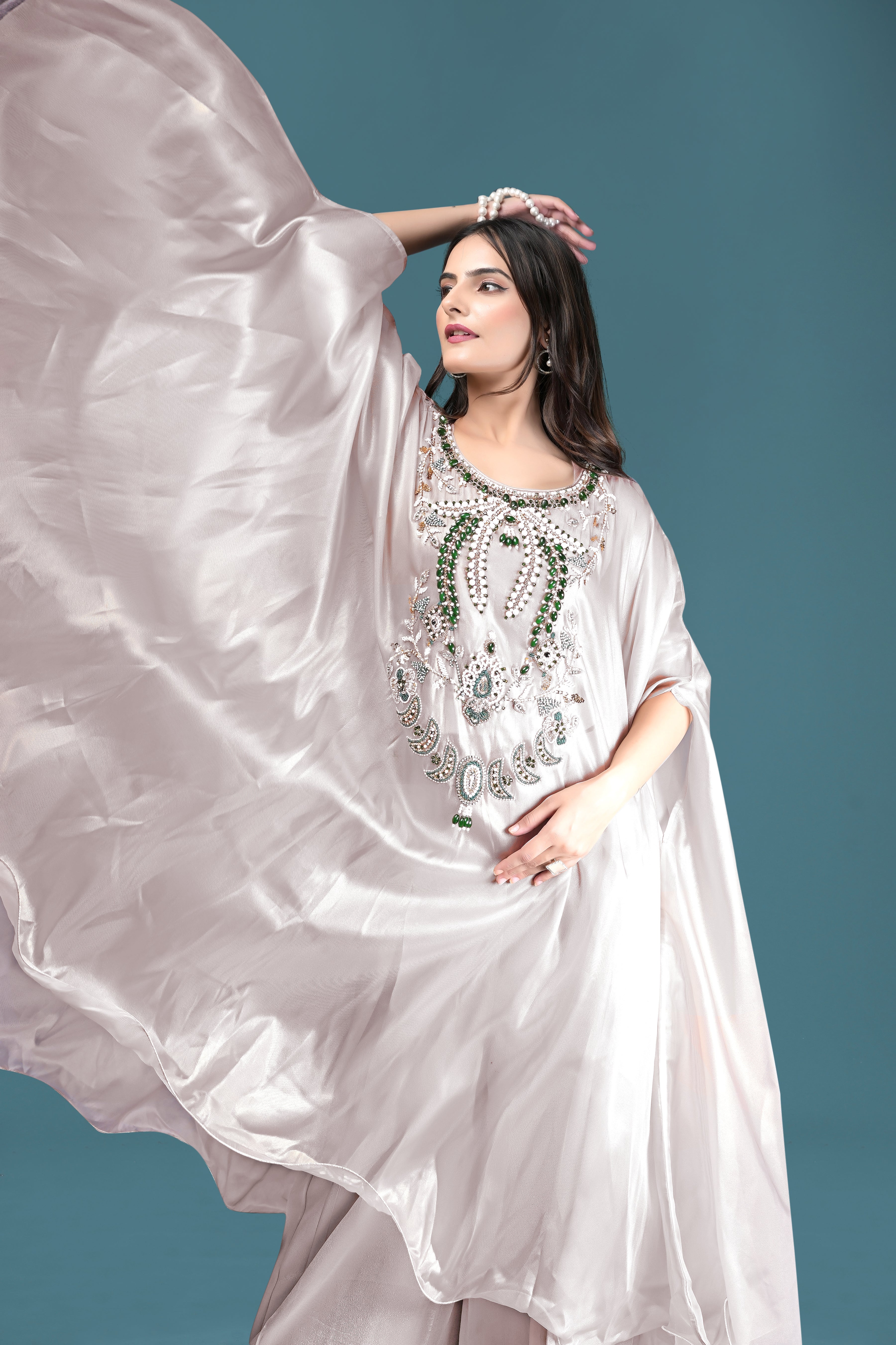 Elegant Pearl Beige Kaftan Gown with Green Embellished Neckline
