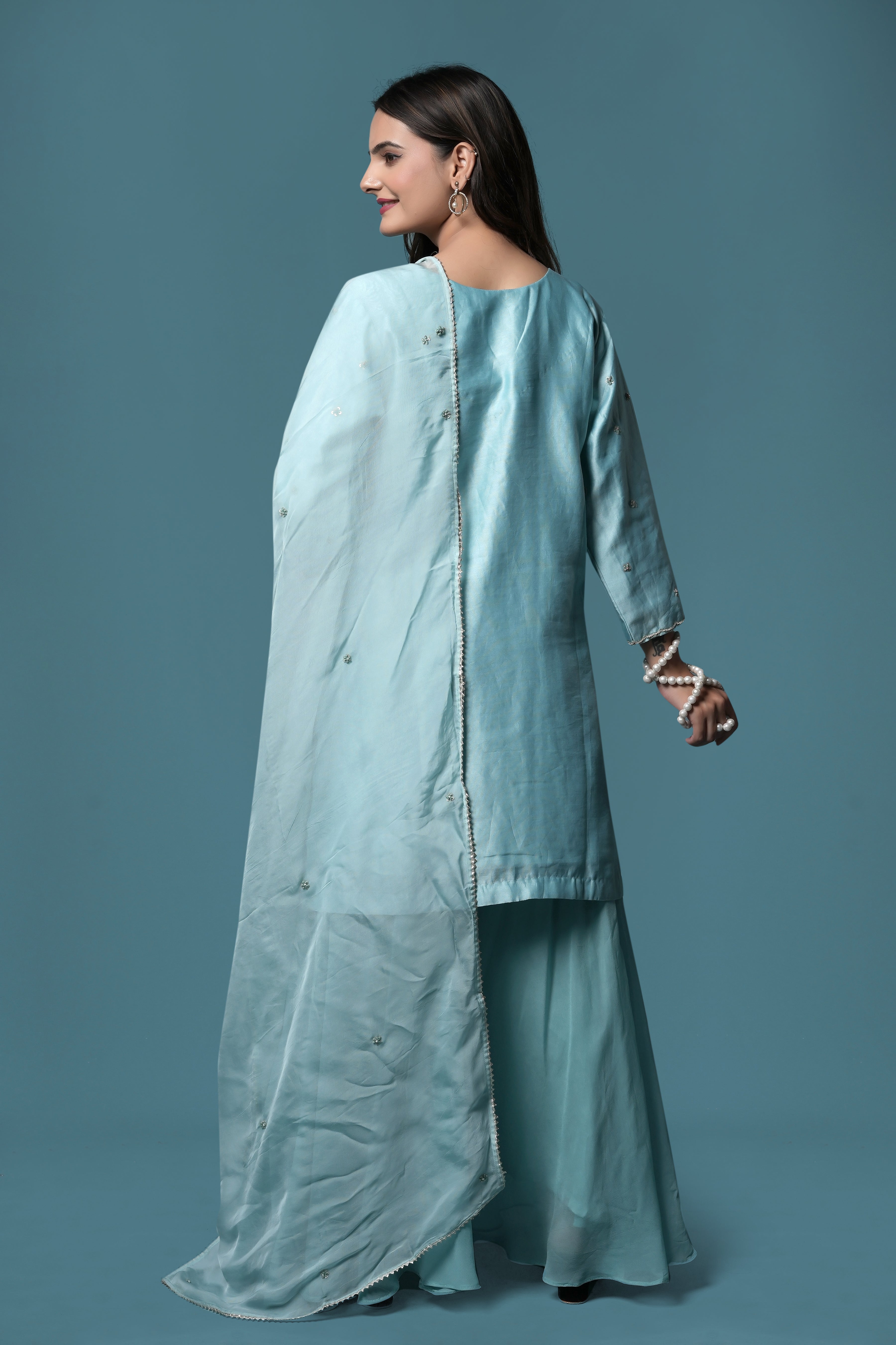 Pastel Blue Embroidered Kurta Set with Organza Dupatta