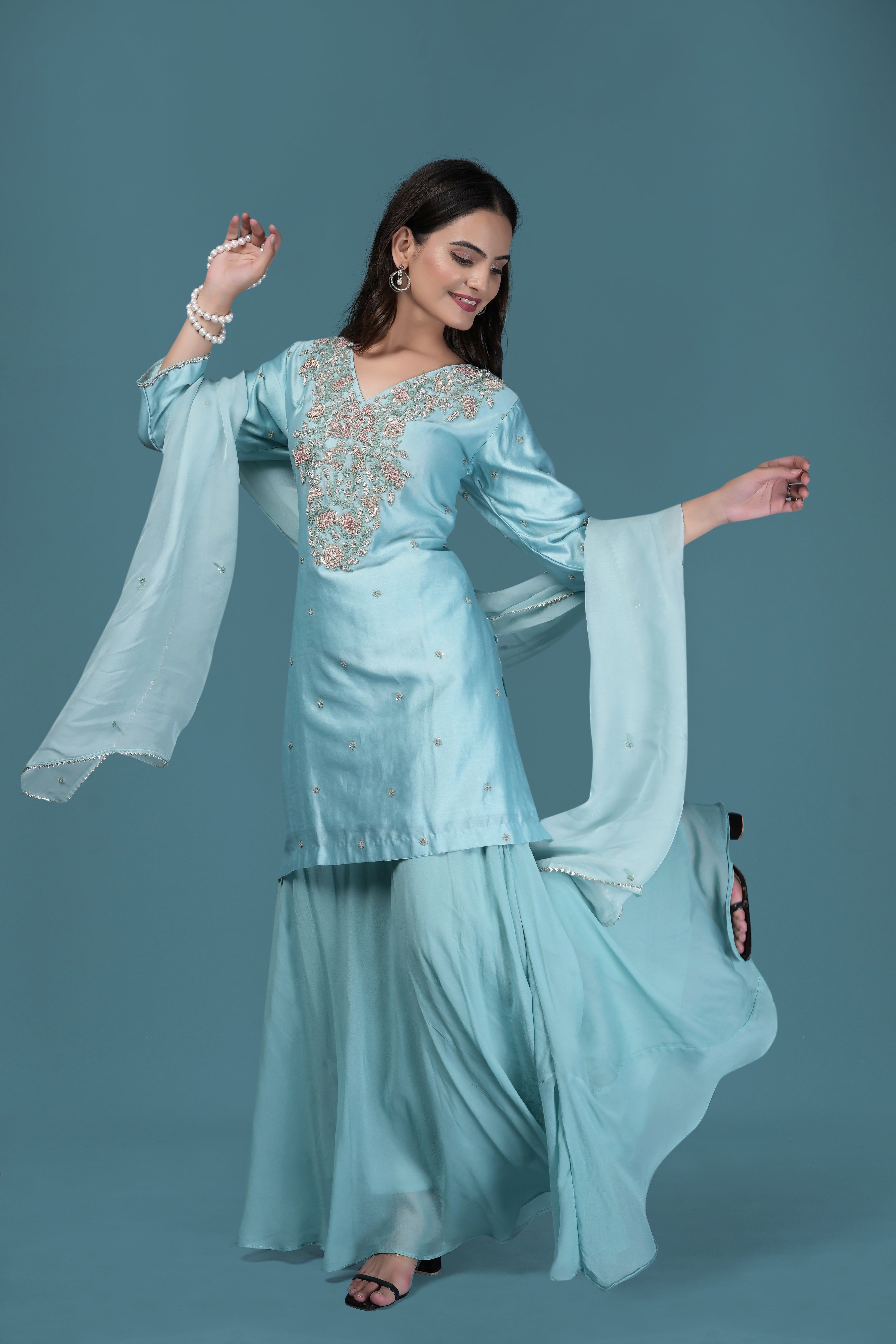 Pastel Blue Embroidered Kurta Set with Organza Dupatta
