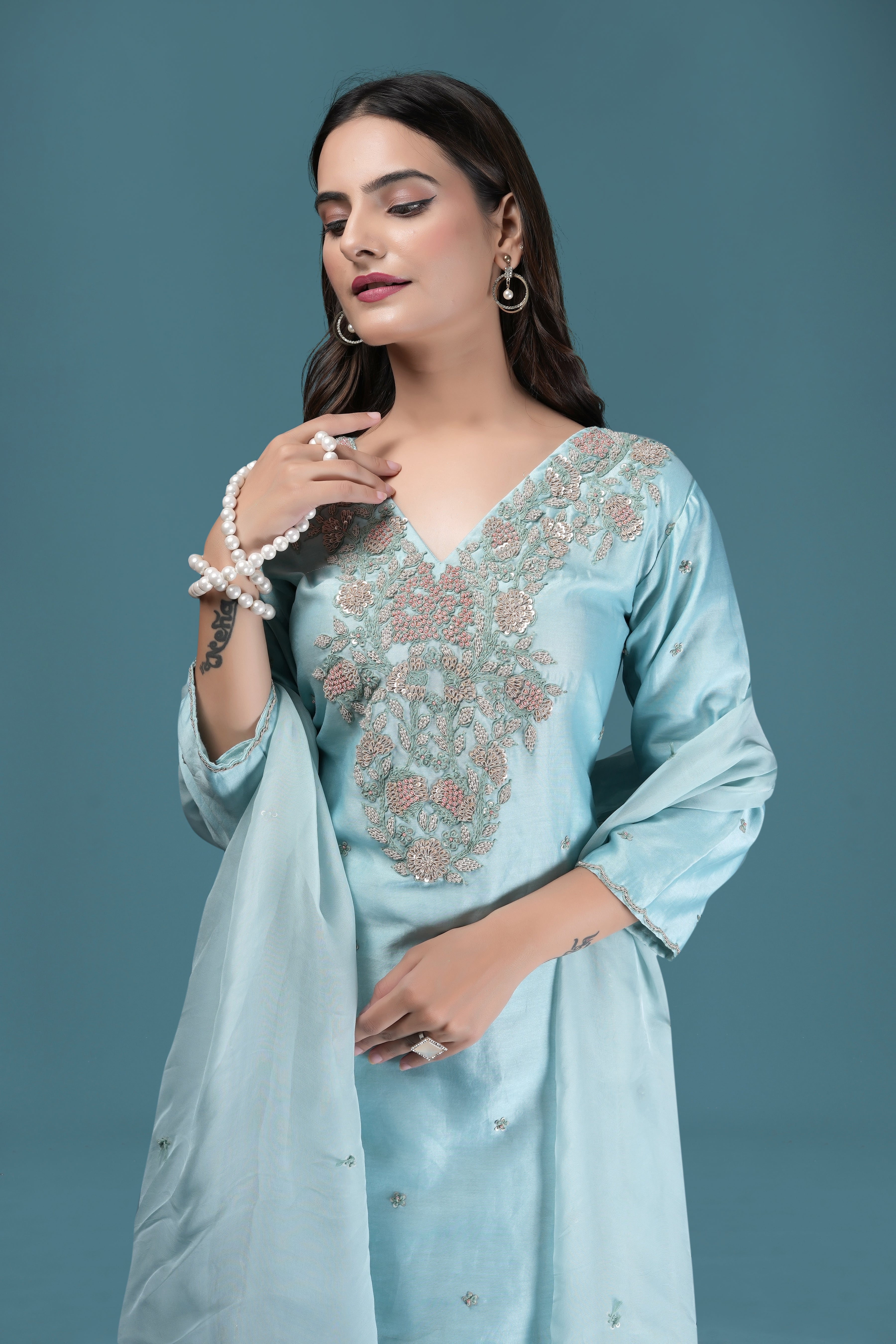 Pastel Blue Embroidered Kurta Set with Organza Dupatta