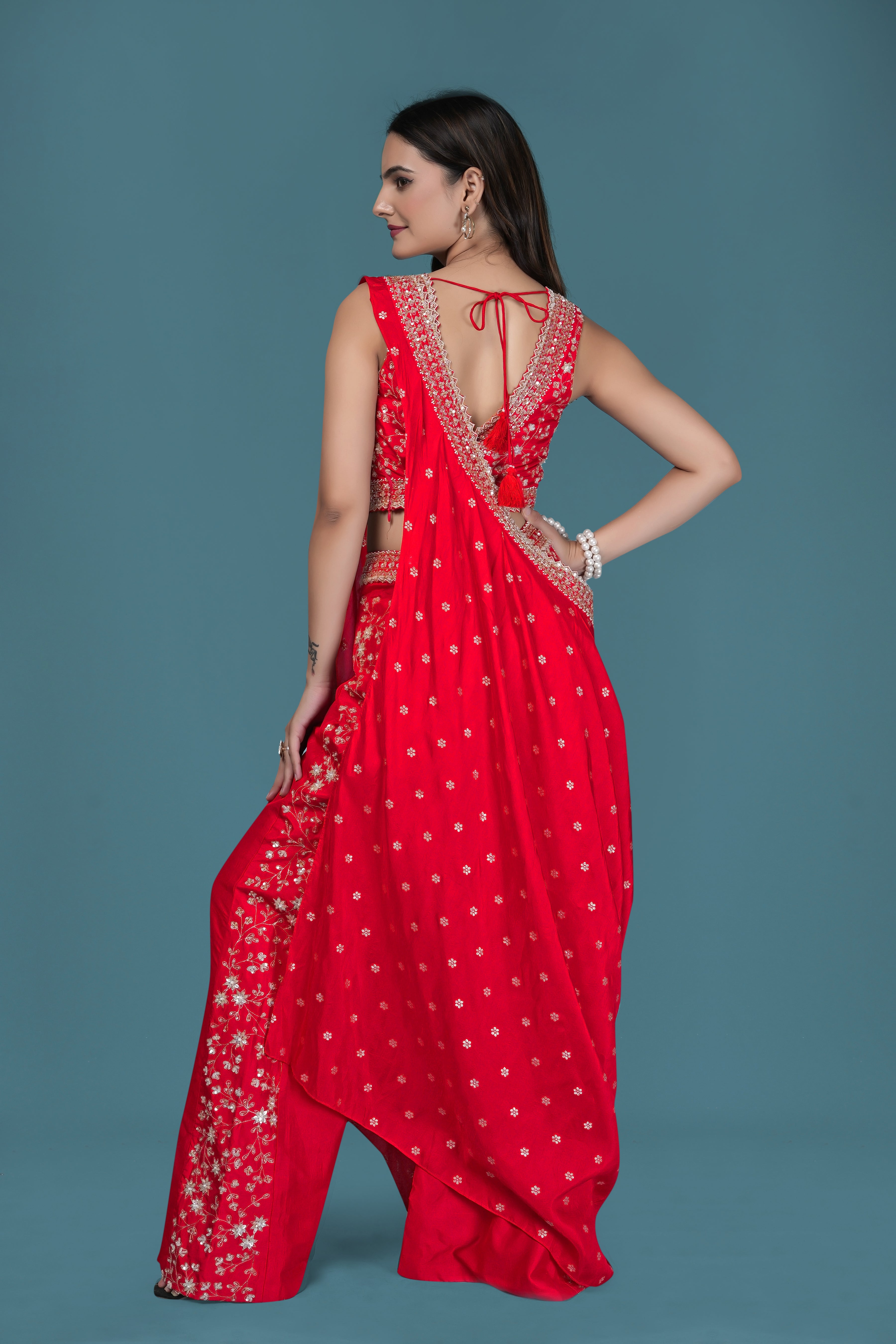 Red Embroidered Indo-Western Drape Set