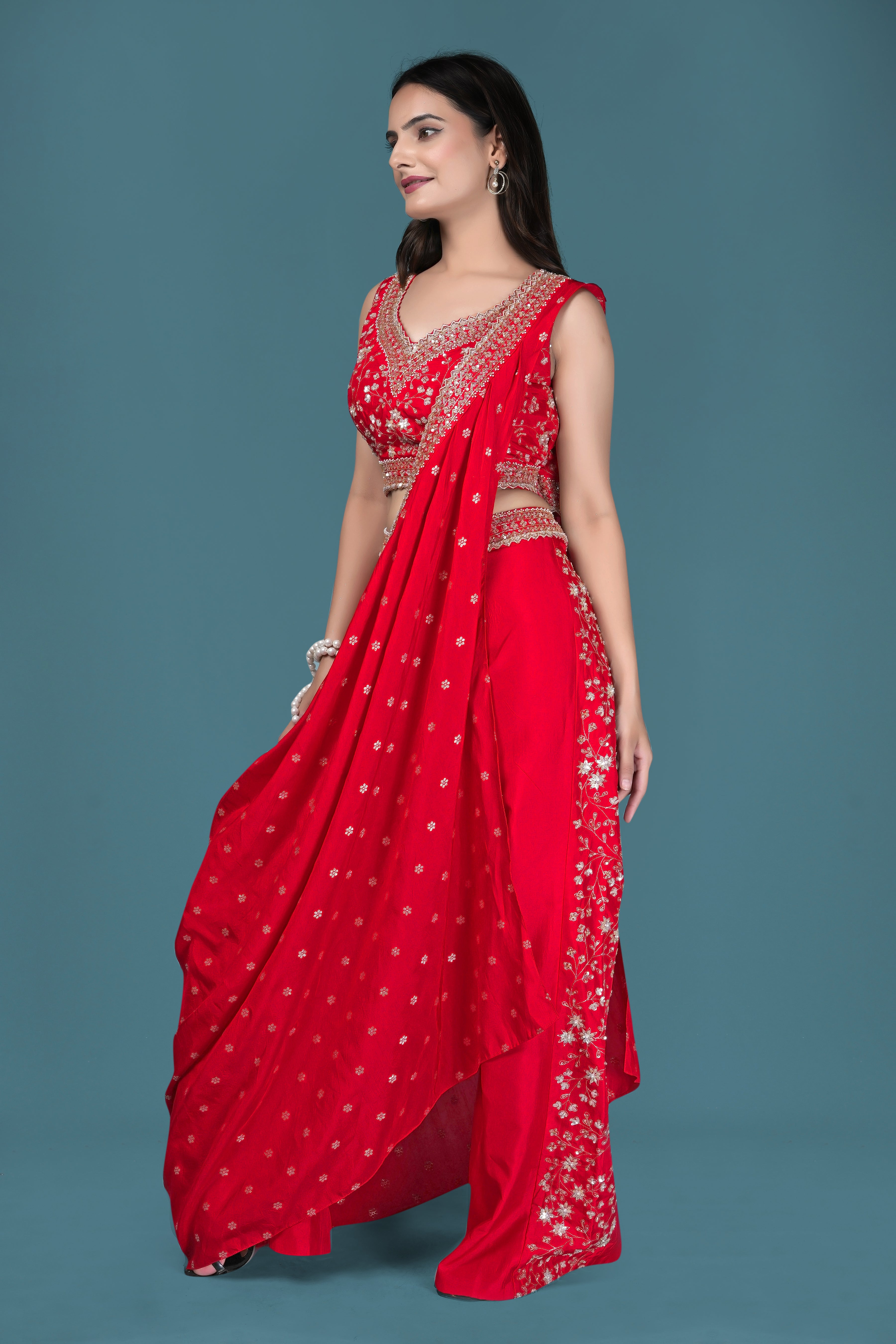Red Embroidered Indo-Western Drape Set
