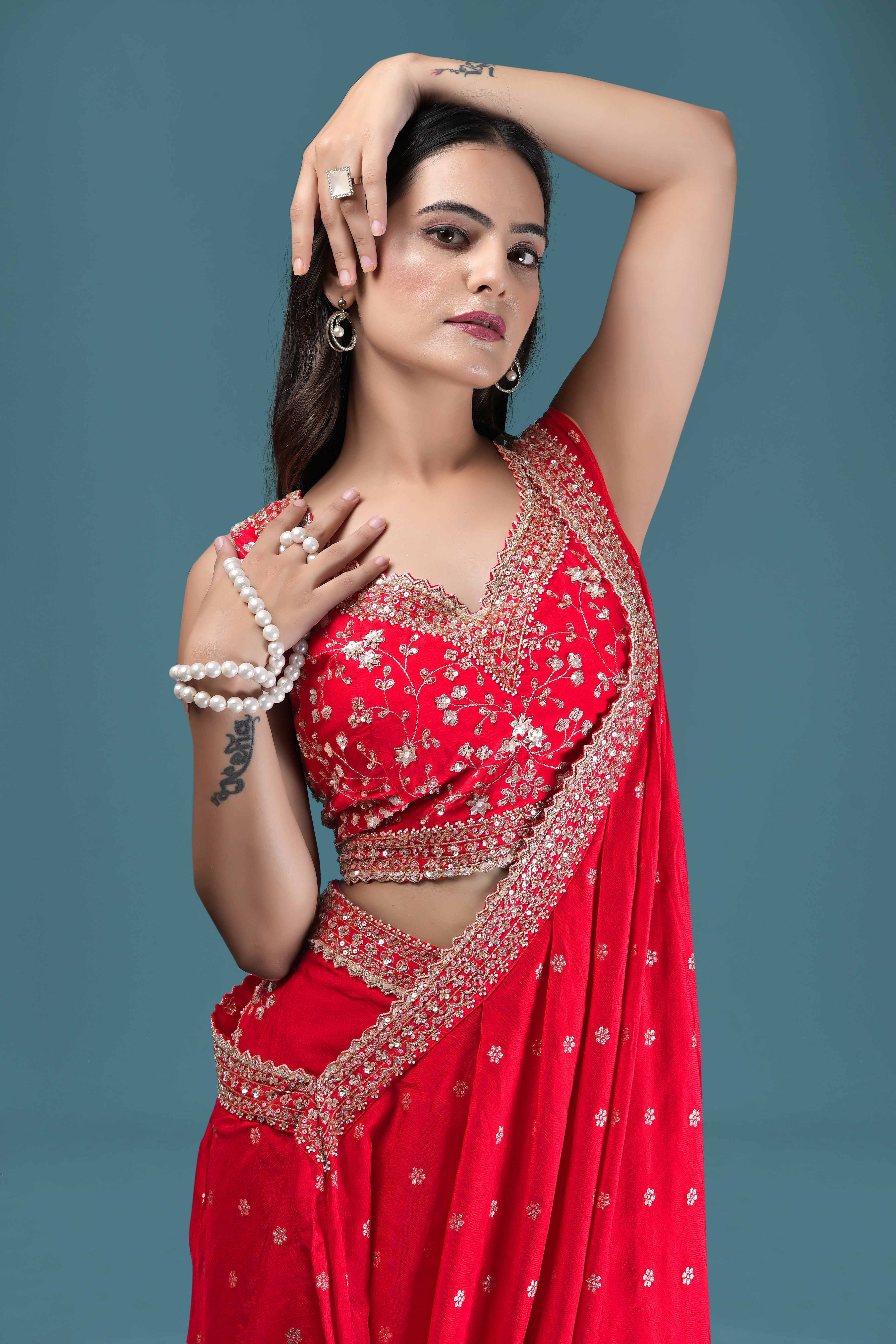 Red Embroidered Indo-Western Drape Set