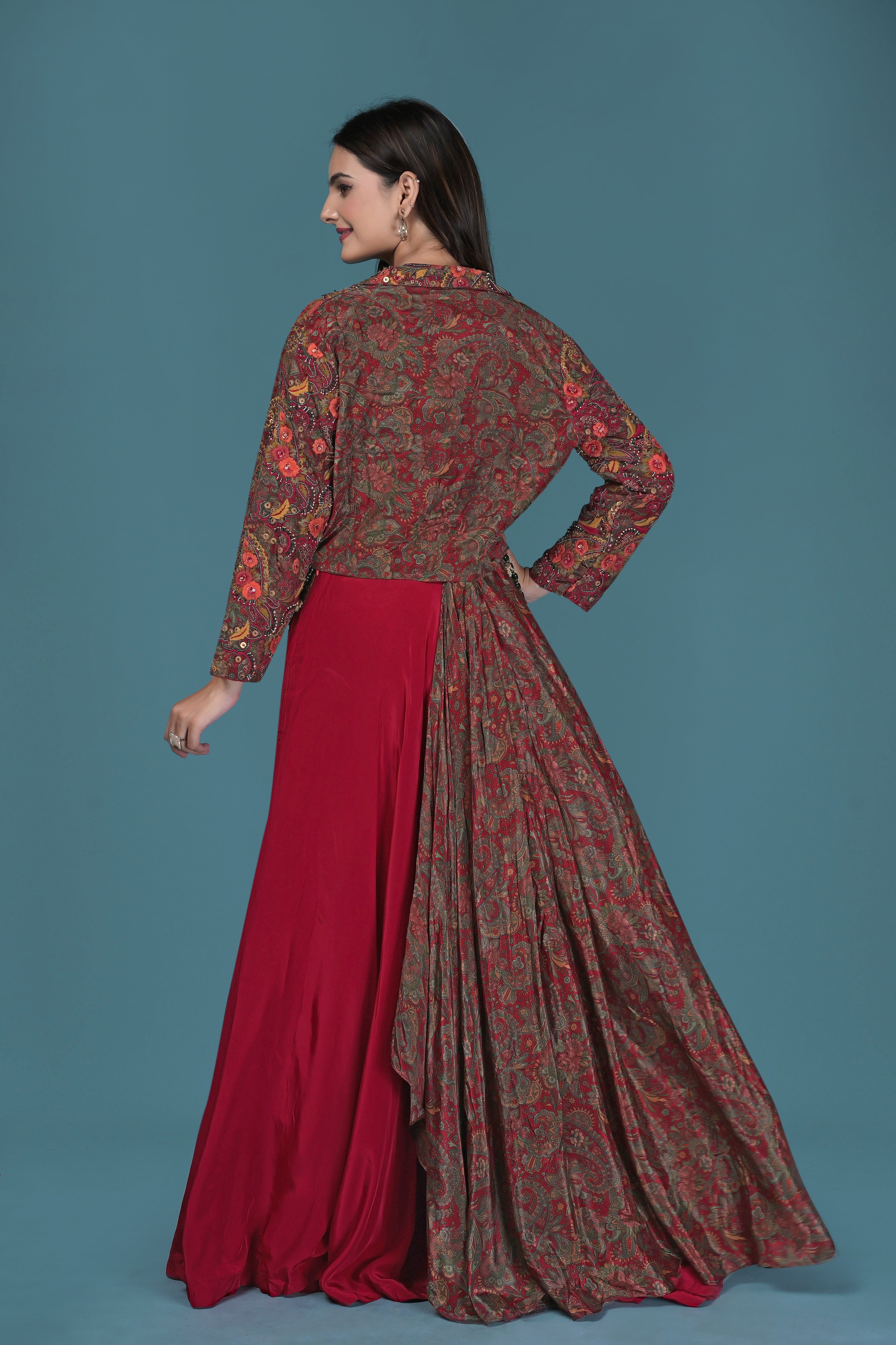 Elegant Maroon & Rust Draped Indo-Western Gown